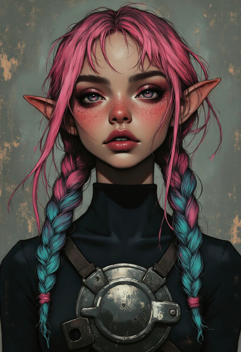 MoodyGirls, 25 year old dark elf, brown skin, elf ears, ((red sclera)), metal armor, mini braids hair in magenta and teal coloring
