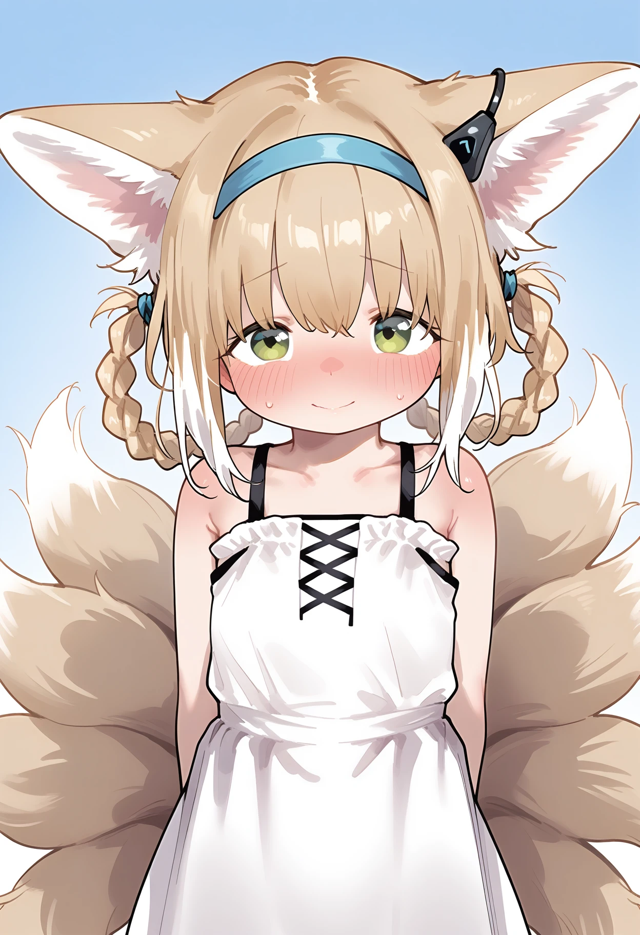 score_9,score_8_up,score_7_up,rating_explicit,
1girl,suzuran,closed mouth,green eyes,,animal ear fluff,blonde hair,multiple tails,fox tail,straddling,(cat lingerie:1.1),spread legs,bedroom,,(vaginal:1.1), pov, blush, nose blush, ears blush, @_@, leaning forward