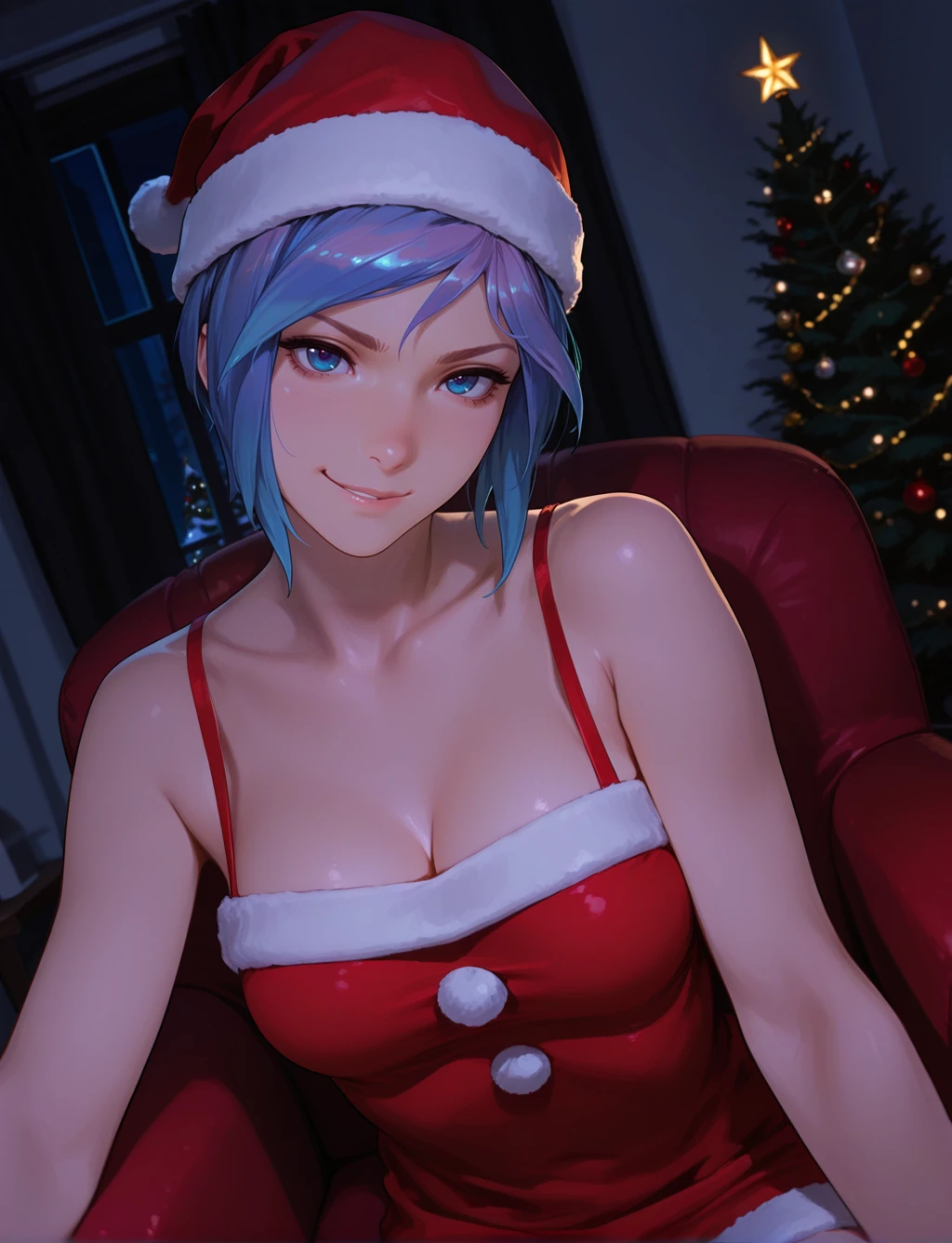 masterpiece,best quality,amazing quality,very aesthetic,absurdres,newest,scenery,highres,1girl,solo, close-up, dutch angle, medium breasts, smirk, night,dark, inside, santa outfit, christmas tree in the background, sitting in a armchair, dynamic pose, cleavage, santa hat, head tilted, colored, chloeprice:1.2, blue hair,  blue eyes, <lora:ChloePrice_IL_v1:1>, <lora:745cmSDXLvpred75S:0.6>, 748cmstyle