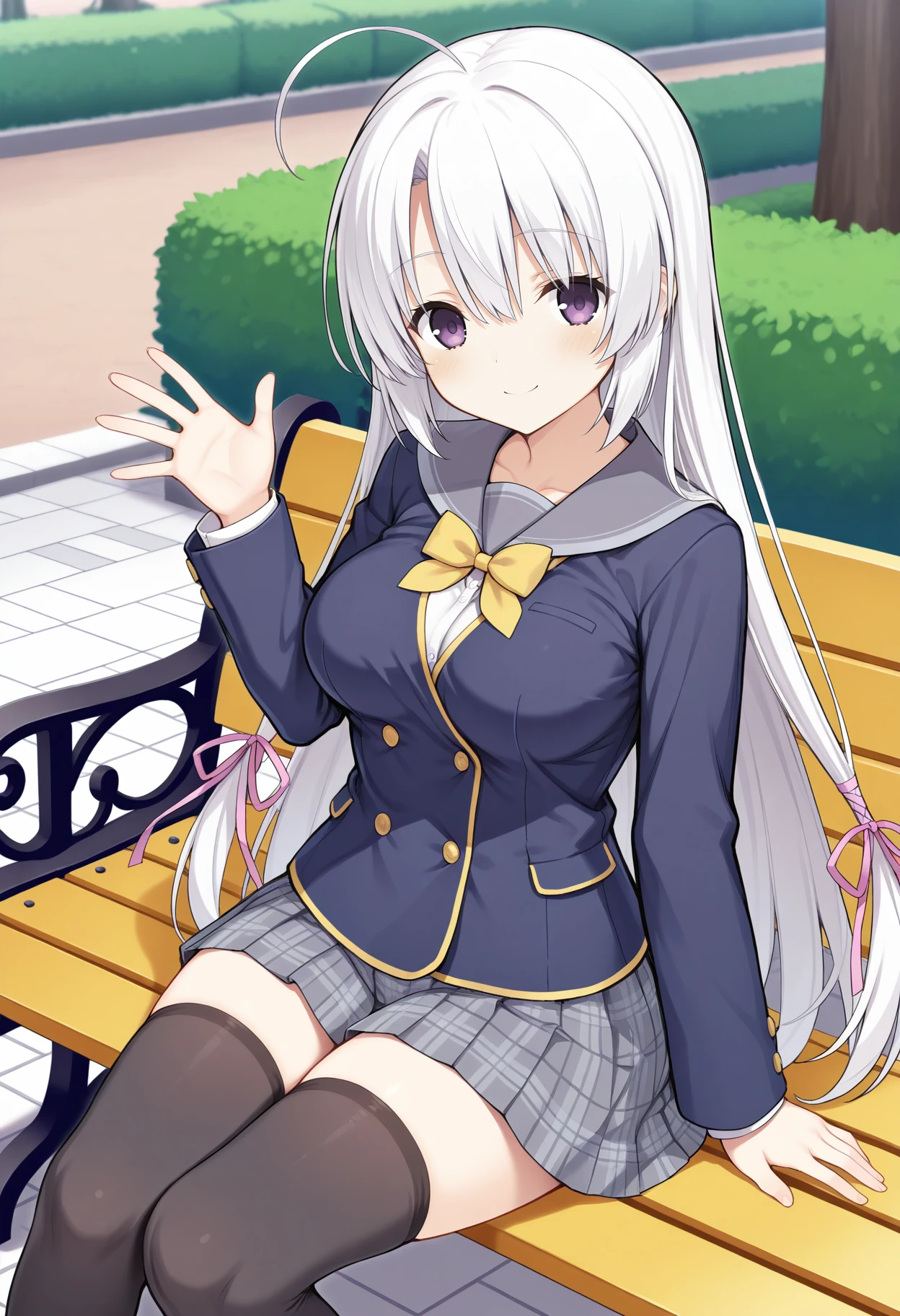 1girl, aanene, long hair, white hair, ahoge, hair ribbon, breasts, purple eyes, school uniform, grey sailor collar, yellow bowtie, blazer, black jacket, long sleeves, plaid skirt, grey skirt, black thighhighs, <lora:ayachi_nene_ilxl_v1:0.9>, park, bench, sitting, waving, looking at viewer, smile,
masterpiece, best quality, amazing quality