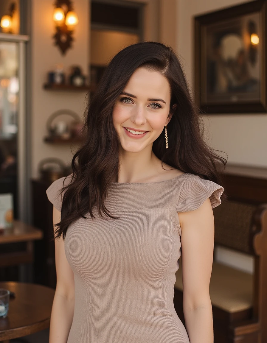 <lora:Rachel_Brosnahan_Flux:1>  This is a  beautiful photograph of a woman, Her hair cascades around her shoulders, framing her face. She is wearing a boatneck dress, Standing in a cafe. Looking at the viewer. Smile.