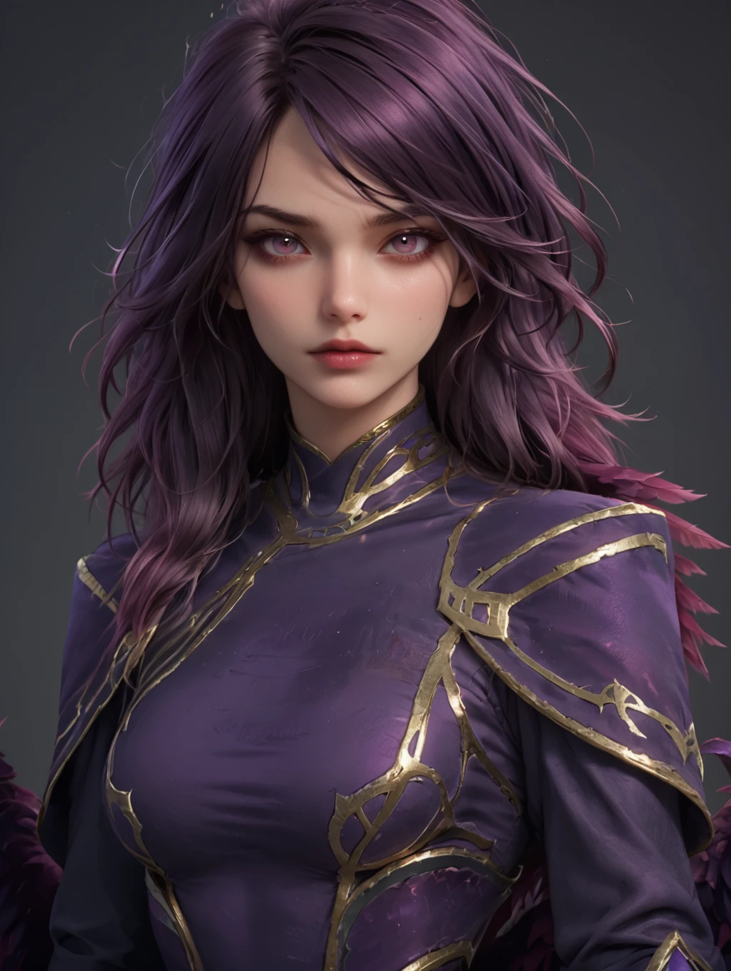 1girl, morganalol, ((official morgana_(league_of_legends) purple armored dress)), (close up:1.4), face portrait, (white background), simple background, (angry:1.6), (furious:1.4),