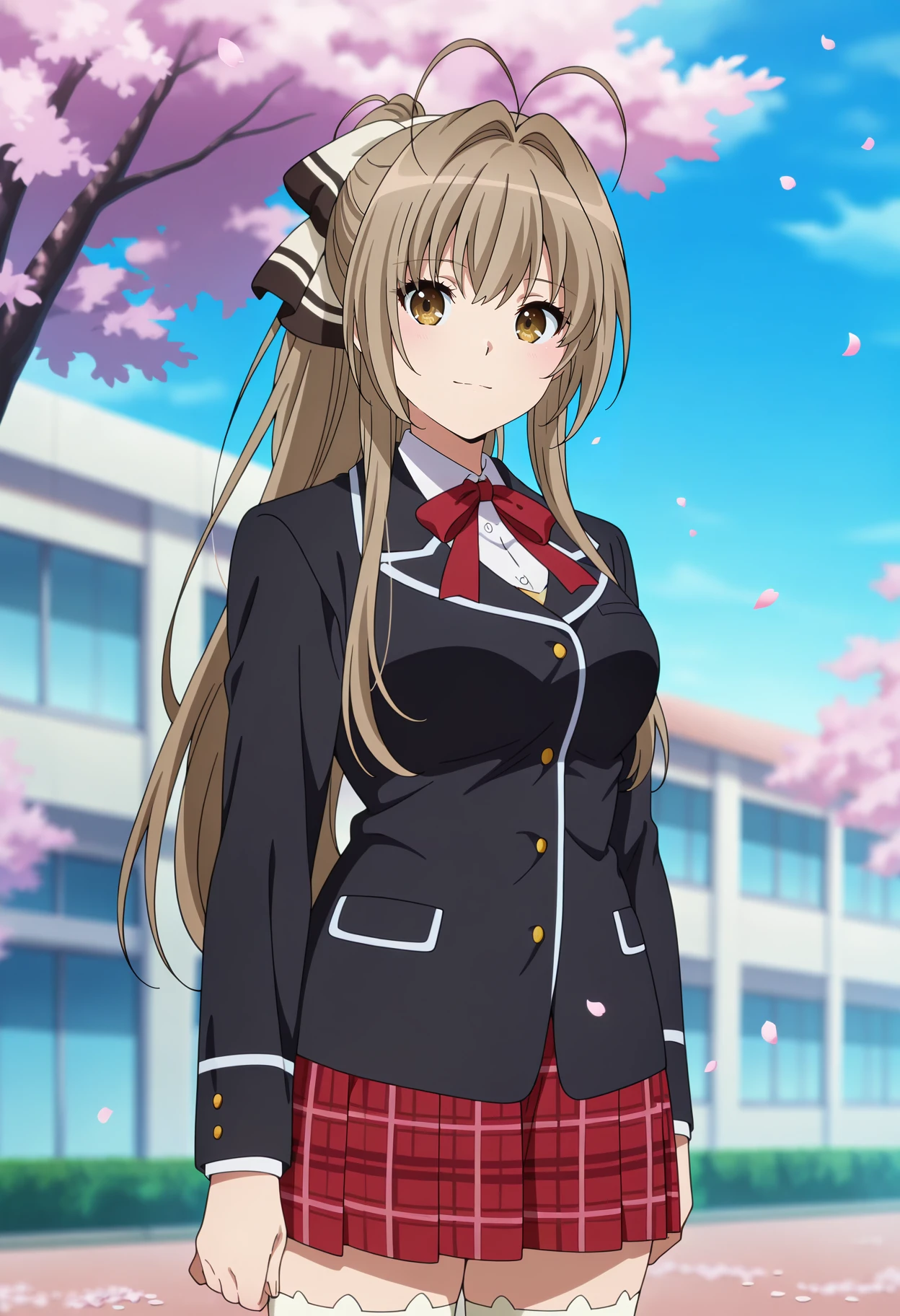 anime screencap, masterpiece, best quality,
<lora:AmagiBrilliantPark_SentoIsuzu_IlluXL:0.9>,
1girl, solo, closed mouth, light smile,
long hair, ponytail, brown hair, antenna hair, hair intakes, brown eyes, hair bow,
SentoSchool, blazer, black jacket, long sleeves, neck ribbon, red ribbon, plaid skirt, red skirt, white thighhighs,
arms at sides, standing, looking at viewer, cowboy shot,
blurry background, outdoors,cherry blossoms, falling petals, school building, day