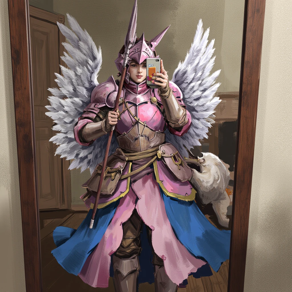 illustration in dad artstyle, woman, late 20s, wearing detailed magical girl armor costume with large wings, pink and blue colors, holding spear, taking selfie in front of a wardrobe mirror, indoor setting