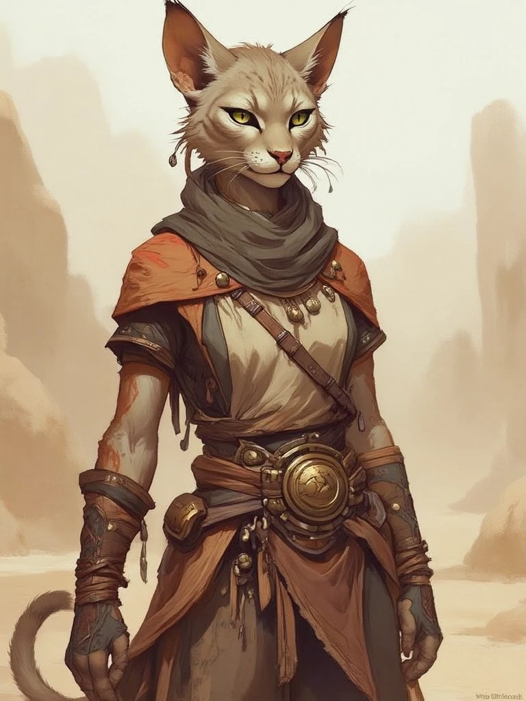 A weathered Tabaxi character, with faded fur resembling the colors of the desert - sand, ochre, and pale gray. Hints of former red stripes, now looking like cracks on ancient pottery, remain on her back and shoulders. She has a graceful head with sharp, sculpted cheekbones, and long, curved back ears. Her large, almond-shaped eyes are emerald green, and framed by thin, black lashes. A thin scar is visible on her brow ridge. Her long, flexible tail hangs down, almost transparent fur. Her paws are large and calloused, with retracted obsidian claws. Leather bracers adorn her wrists, adorned with tiny bone beads. She wears simple, durable clothing in muted desert colors, with leather pouches at her waist. The character has an air of wisdom and strength despite her worn appearance, embodying the spirit of survival. The background is a barren, arid desert landscape with cracked rocks