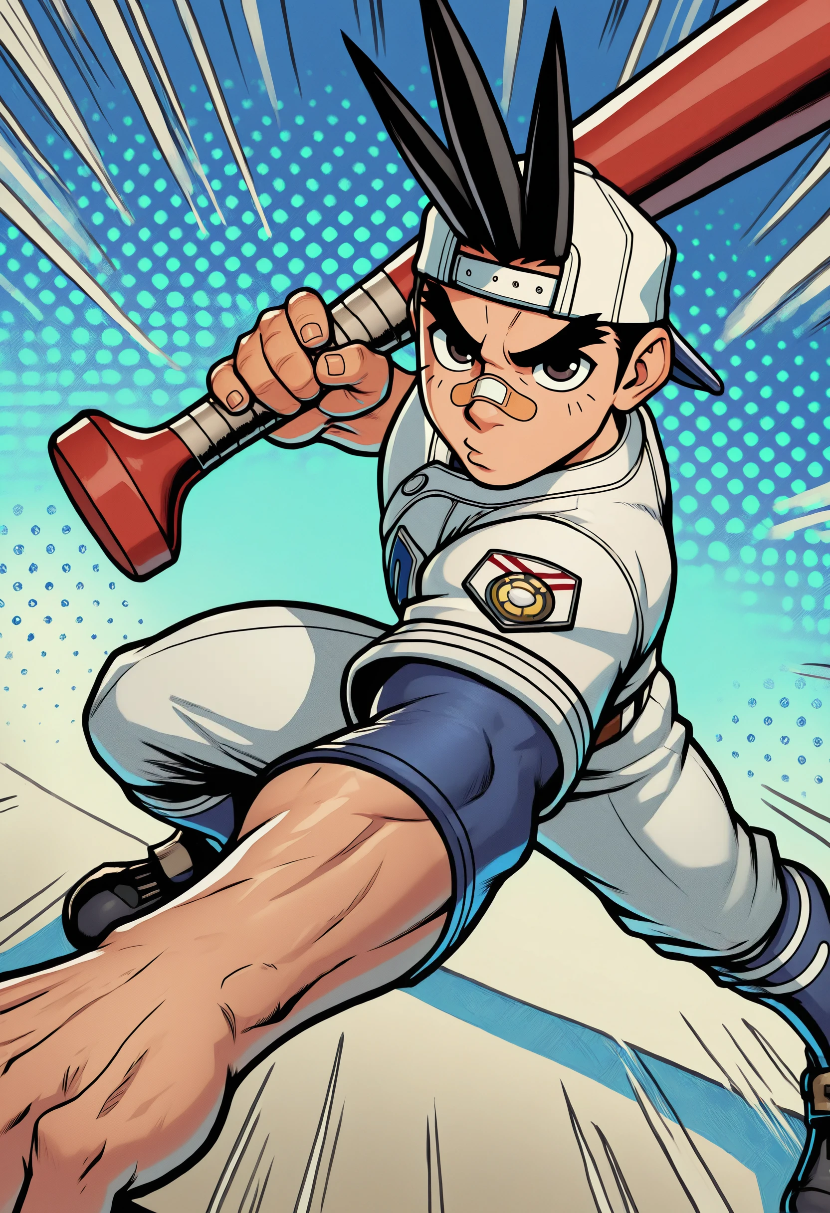 masterpiece, best quality, newest, absurdres, highres, very awa, 1boy, male, male focus, sawamura shouma, hair through headwear, hat, baseball cap, bandaid on nose, baseball uniform, holding baseball bat, action pose, dynamic background, halftone_pattern