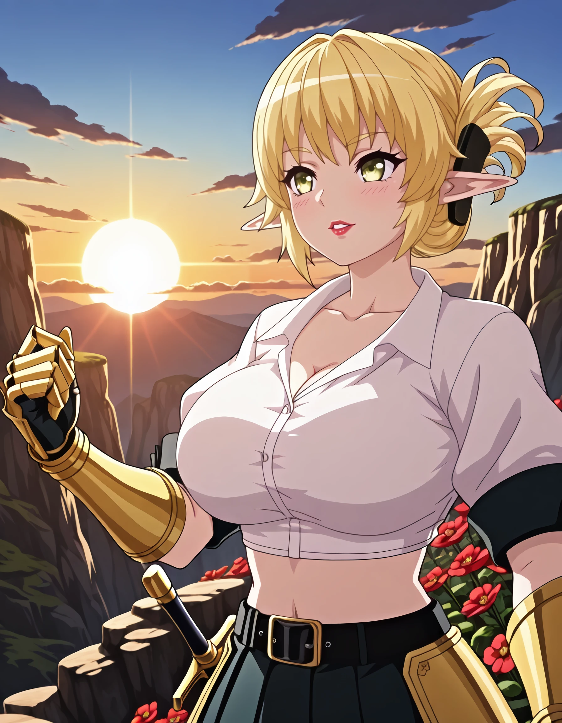 <lora:enjo_kouhai_-_thea_eaderlindt,_aegis_il:1>, enjo_kouhai_-_thea_eaderlindt,_aegis, short_hair, blonde_hair,  folded_ponytail, green_eyes, pointy_ears, elf, large_breasts, white_shirt, collared_shirt, cleavage,short_sleeves, belt, midriff, sword, black_skirt, armor, gauntlets, ((floating_hair, floating_clothes)), (gerph:1.3), 1girl, bow, bracelet, cloud, collarbone, eyelashes, flower, green_bow, hand_up, jewelry, light_blush, light_smile, lipstick, makeup, orange_hanfu, parted_lips, red_flower, red_lips, solo, sun, sunset, teeth, thick_eyebrows, upper_body, photorealistic, feet_out_of_frame, cliff, masterpiece, detailed, best_quality