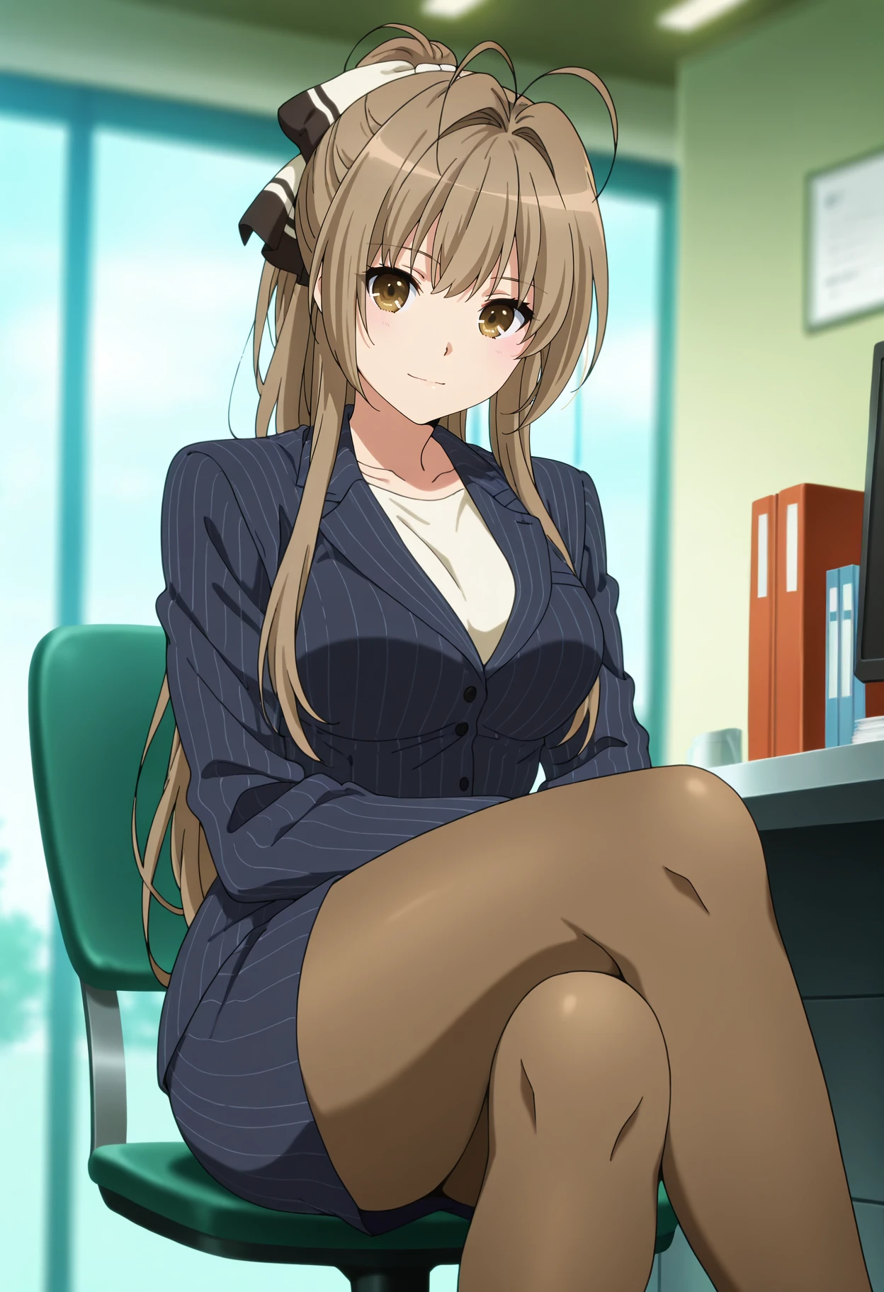 anime screencap, masterpiece, best quality,
<lora:AmagiBrilliantPark_SentoIsuzu_IlluXL:0.9>,
1girl, solo, closed mouth, light smile,
long hair, ponytail, brown hair, antenna hair, hair intakes, brown eyes, hair bow,
SentoOffice, pinstripe suit, skirt suit, brown pantyhose,
sitting, crossed legs, looking at viewer,
blurry background, indoors, office