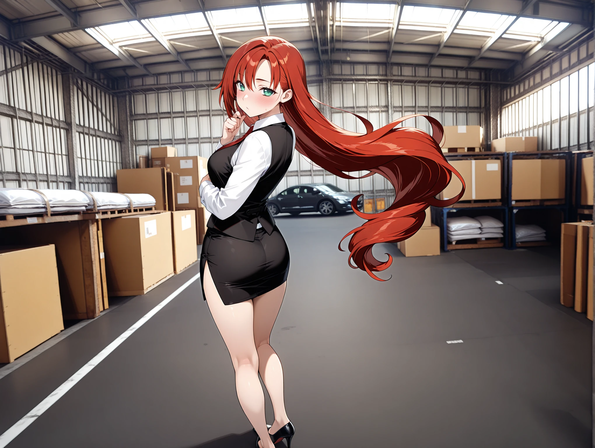 masterpiece,best quality,amazing quality,
solo,1girl,
<lora:elenoa_ilxl_v2.4:0.8>,elenoa,red hair,very long hair,green eyes,red necktie,long sleeves,white shirt,collared shirt,black vest,pencil skirt,side slit,high_heels,
<lora:warehouse01_ilxl_v1.2:1>,warehouse02,<lora:Fixhands_anime_bdsqlsz_V1:1>,looking_at_viewer,looking_back,panorama,back,motor vehicle,blush,foreshortening,