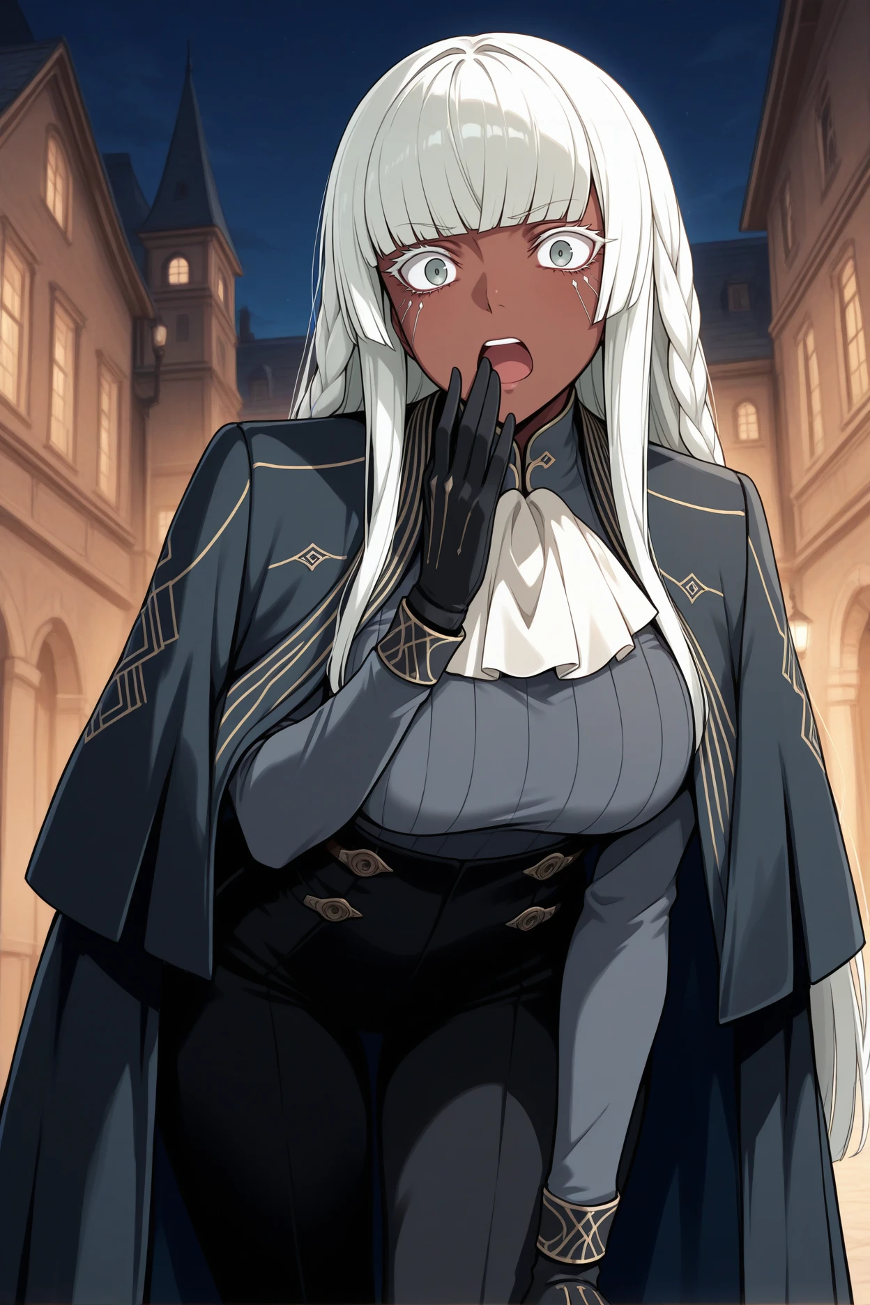 masterpiece, best quality, 1girl, solo,  <lora:brigitta-illu-nvwls-v1-000005:1> brigitta, white hair, white eyelashes, braid, long hair, blunt bangs, sidelocks, grey eyes, dark-skinned female, facial mark, large breasts, black coat, coat on shoulders, grey shirt, ribbed shirt, white ascot, black pants, high-waist pants, black gloves, shocked, hand to own mouth, looking at viewer, leaning forward, alleyway, night, victorian architecture