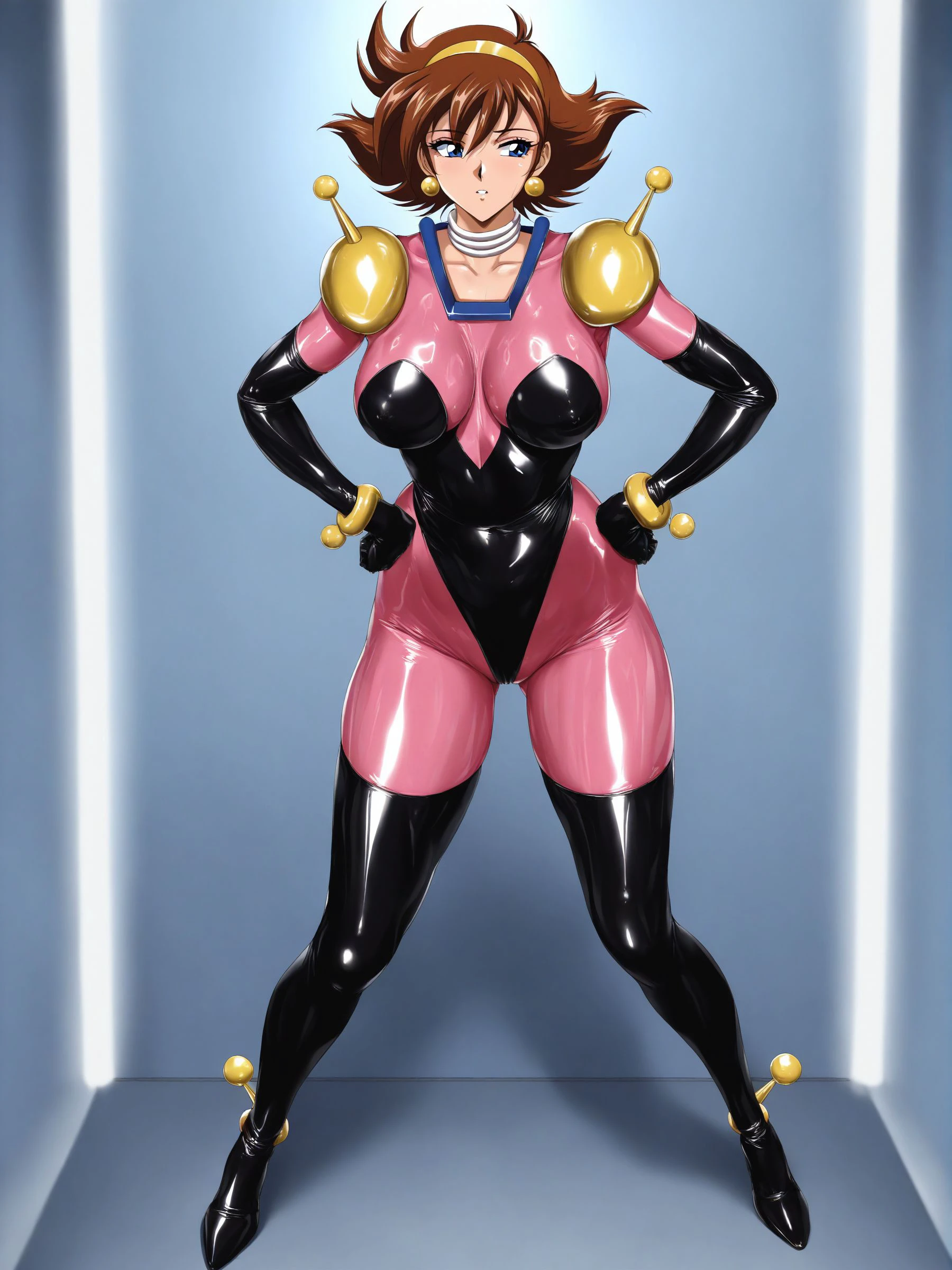 score_9,score_8_up,score_7_up, retro, 90s anime style, masterpiece, highres, shiny clothes, shiny skin, <lora:Illustrious_Glossy_Skin_V3:.8> <lora:RainTraceSuitIL:1> Rain Mikamura, solo, pink latex bodysuit, black leotard, black elbow gloves, yellow shoulder armor, short brown hair, headband, earrings, bracelets, black thigh-highs, hands on hips, standing straight, viewed from behind, looking over shoulder at you, full body