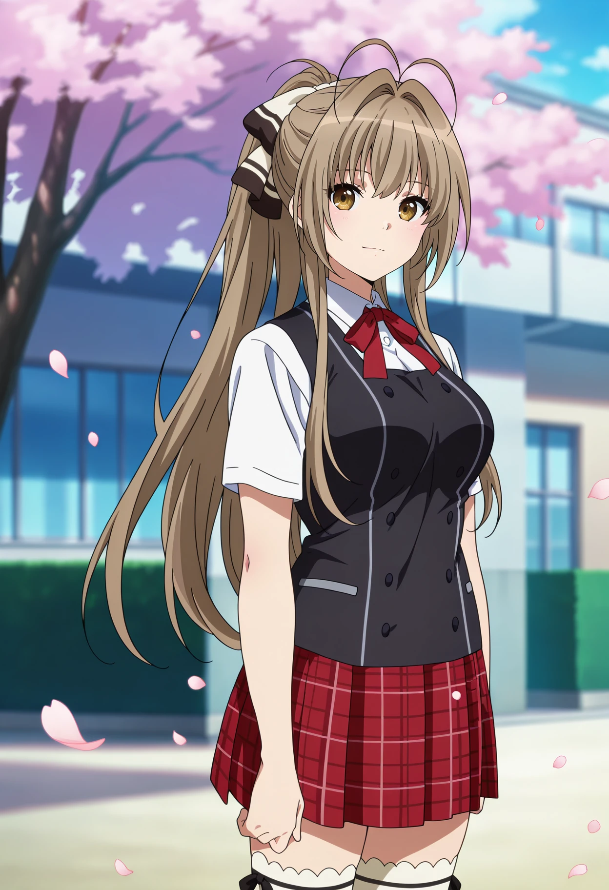 anime screencap, masterpiece, best quality,
<lora:AmagiBrilliantPark_SentoIsuzu_IlluXL:0.9>,
1girl, solo, closed mouth, light smile,
long hair, ponytail, brown hair, antenna hair, hair intakes, brown eyes, hair bow,
SentoSchool, black vest, white shirt, short sleeves, neck ribbon, red ribbon, plaid skirt, red skirt, white thighhighs,
arms at sides, standing, looking at viewer, cowboy shot,
blurry background, outdoors,cherry blossoms, falling petals, school building, day