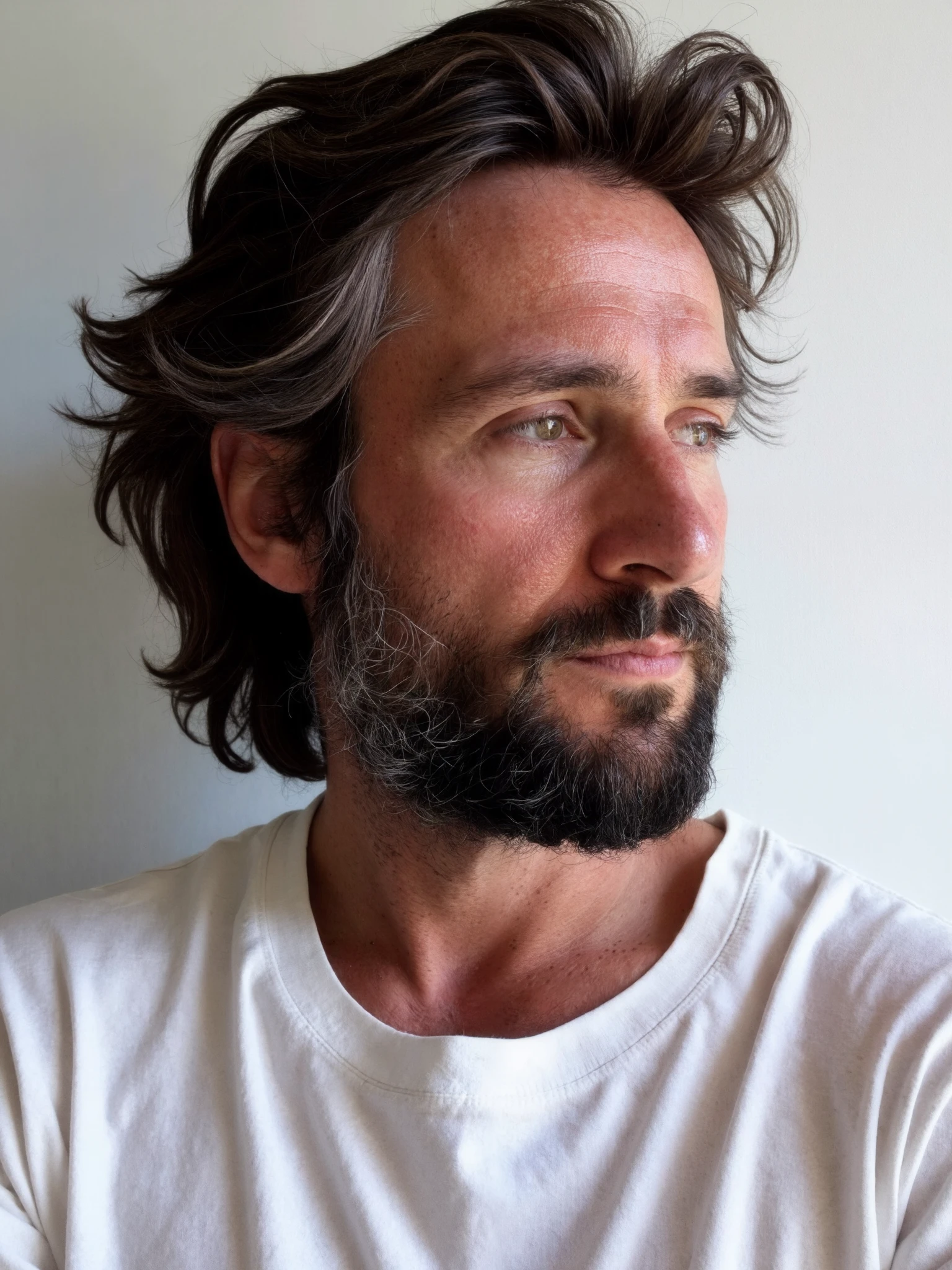 The image depicts a close-up portrait of a middle-aged man, He faces the camera and his eyes looking at the camera. The man has tousled dark hair with distinct gray highlights, expressive eyebrows, and a well-maintained beard predominantly gray with traces of black. He wears a casual, unbuttoned white shirt which adds to the relaxed yet contemplative aura of the photograph. The lighting is soft and even, highlighting the detailed textures of his skin and hair, and casting gentle shadows that contour his face, emphasizing his thoughtful expression. The background is a plain light-colored wall, ensuring that the focus remains squarely on him. His gaze seems distant and reflective, suggesting a deep engagement with unseen thoughts or subjects, and this element adds an intriguing emotional layer to the image.