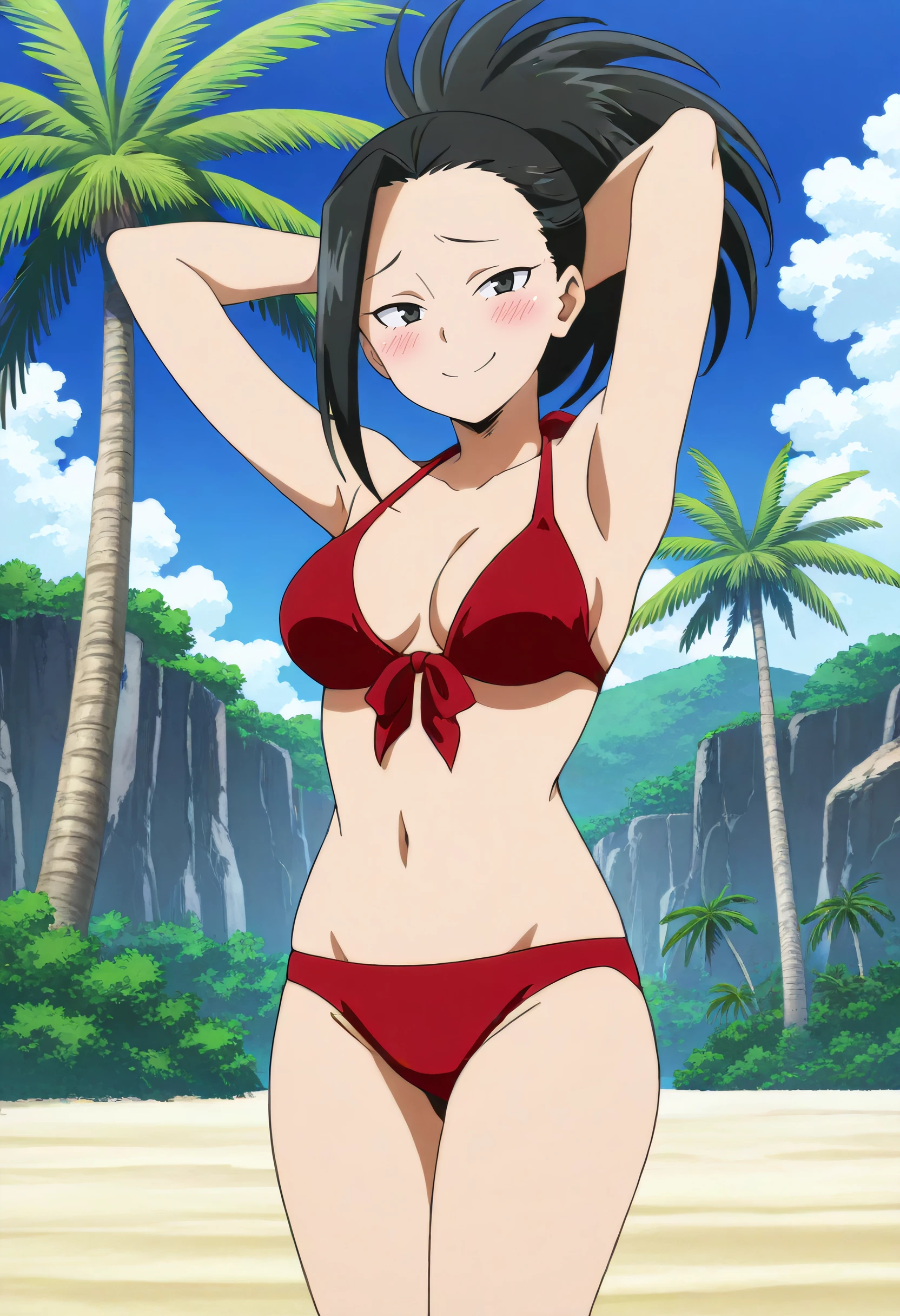 1girl, solo, m0y4, black hair, ponytail, black eyes, large breasts, red bikini, front-tie bikini top, beach, smile, blush, raised eyebrows, narrowed eyes, looking at viewer, palm tree, navel, arms behind head, cowboy shot, anime screencap, anime coloring, masterpiece, best quality, amazing quality, <lora:Momo_Yaoyorozu-My_Hero_Academia-ilibibu-IL-v1:0.8>