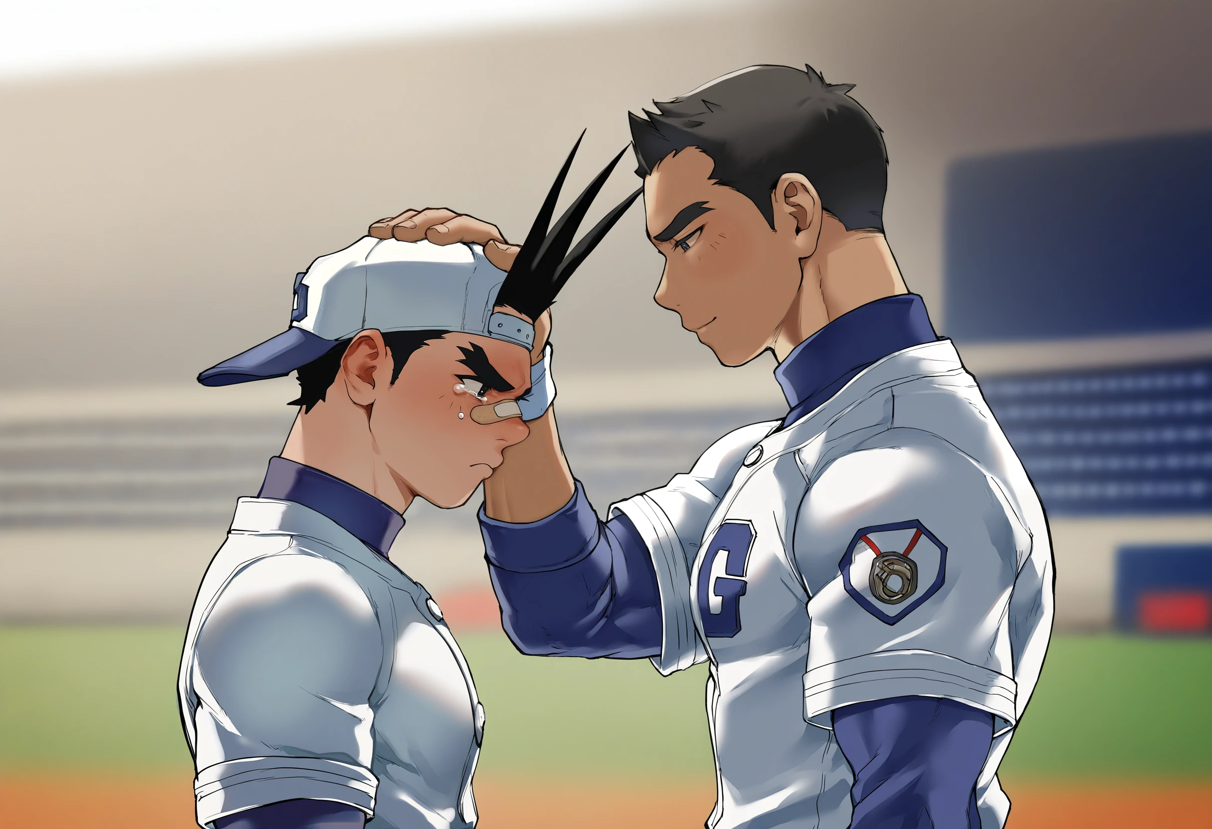 masterpiece, best quality, newest, absurdres, highres, very awa, 2boys, male, male focus, sawamura shouma, sawamura shuichi, hair through headwear, hat, baseball cap, bandaid on nose, baseball uniform, brothers, siblings, height difference, headpat, hand on another's head, bara, blurry background, baseball stadium