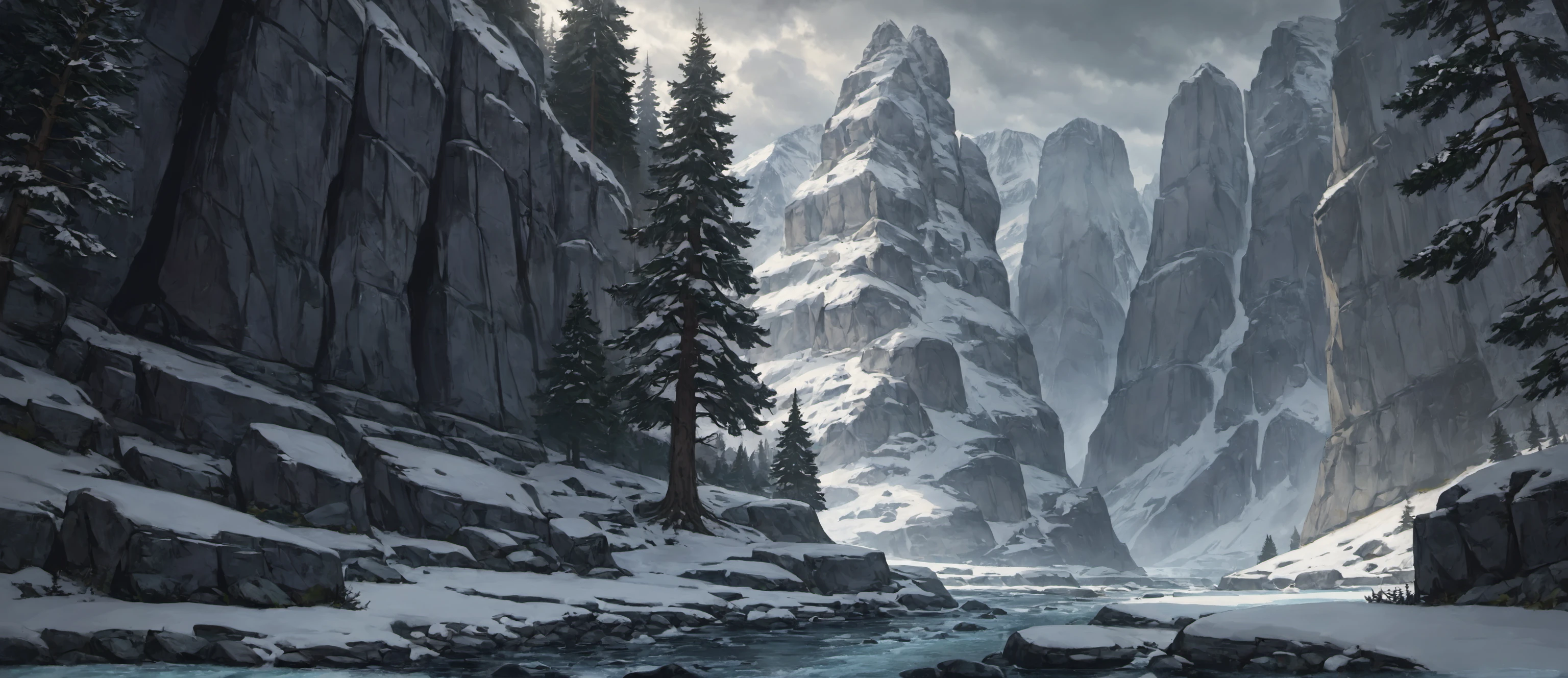 winter, snow, snowy stone mountains, tall spruce trees, frozen river, sharp cliffs, magical landscape, masterpiece, HD, gloomy, scary