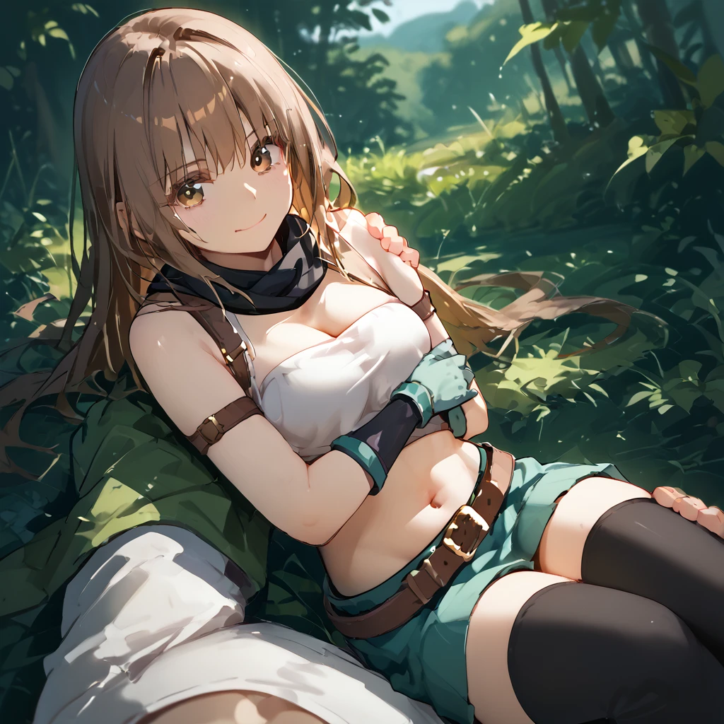 score_9, score_8_up, score_7_up, score_6_up, source_anime, Expressiveh,
<lora:Soma_Sennen_Sensou_Aigis:0.8>, Def_Soma, Brown Hair, Long Hair, Brown Eyes, White Top, Cleavage, Black Scarf, Gloves, Green Skirt, thighhighs, belt, Midriff, navel,
<lora:A_waste_of_buzz:0.8>,Pr1nc3ssC@rry, fr0ntC@rry, 1boy, first person, lying on arms, facing viewer, dutch angle, 1girl, smile,