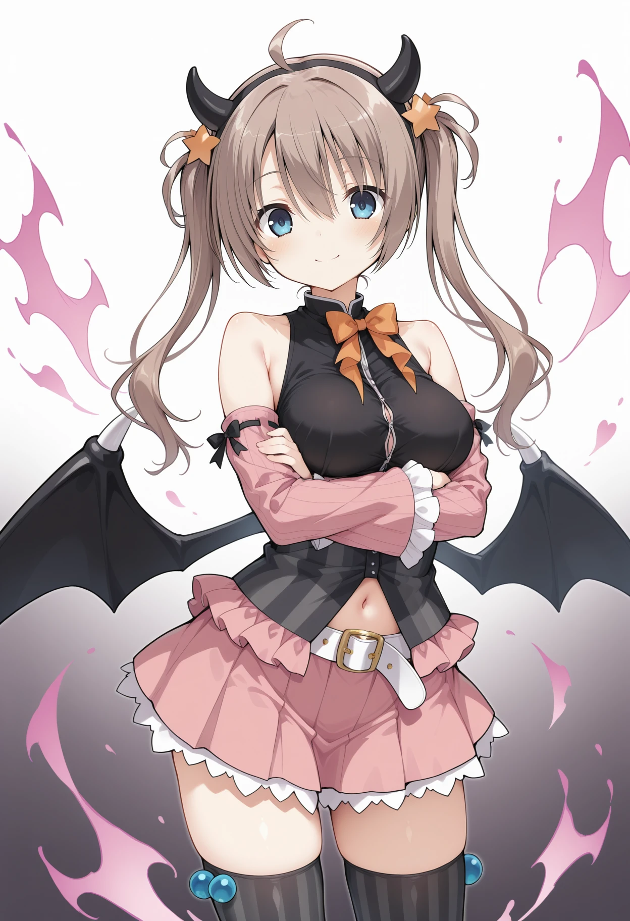 1girl, aatsumugi, long hair, brown hair, twintails, ahoge, fake horns, black hairband, star hair ornament, blue eyes, breasts, demon wings, orange bowtie, frills, black shirt, sleeveless, detached sleeves, navel, white belt, frilled skirt, pink skirt, vertical-striped thighhighs, <lora:shiiba_tsumugi_ilxl_v1:0.9>, aura, crossed arms, standing, cowboy shot, smile,
masterpiece, best quality, amazing quality,