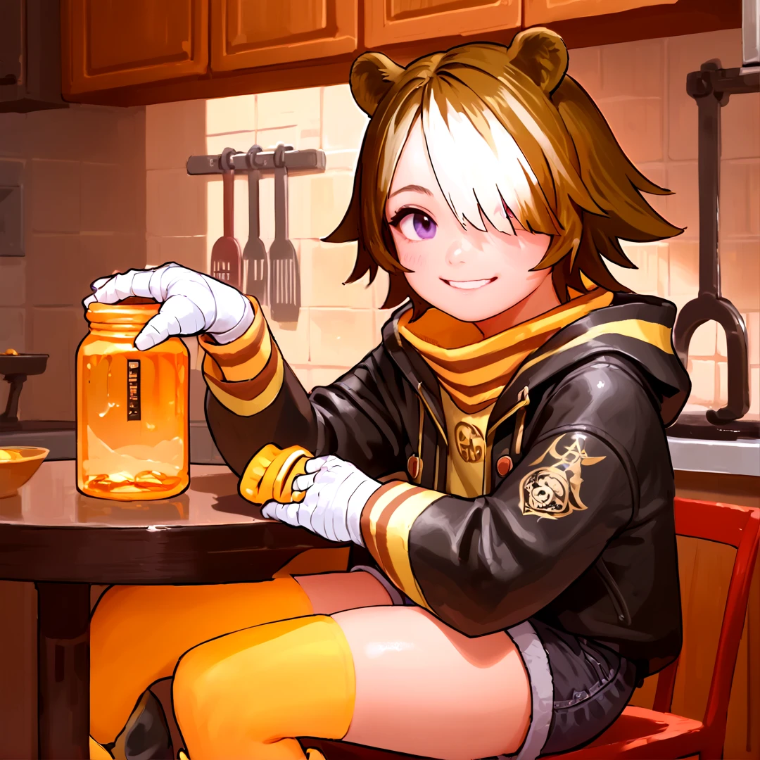 Masterpiece, high quality, score_9, score_8_up, score_7_up, highly detailed, 1girl, kitchen, sitting on chair, table, holding jar, honey jar, looking at viewer, happy, smile, presenting, akbeehunter, bear ears, brown hair, white hair purple eyes, short hair, multicolored hair, hair over one eye, black jacket, short shorts, boots, yellow single thighigh, long sleeves, bandaged hand, striped, <lora:Arknights_Beehunter_PONY_XL:0.8> <lora:comiclo-xl-pony:0.5> <lora:eikohPony:0.5>