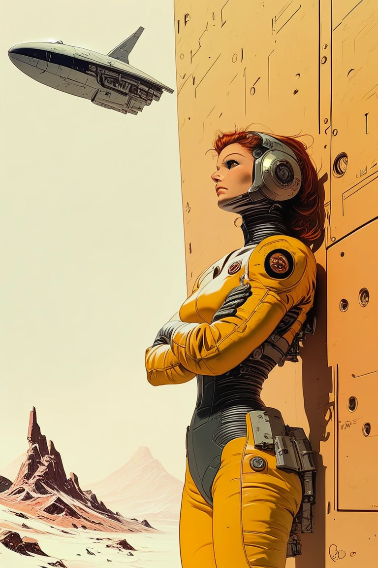 1girl, solo, female starship engineer, leaning against a wall, arms crossed, spaceport docking bay, spaceship landed in background, mechanical landing gear, score_9, score_8_up, score_7_up