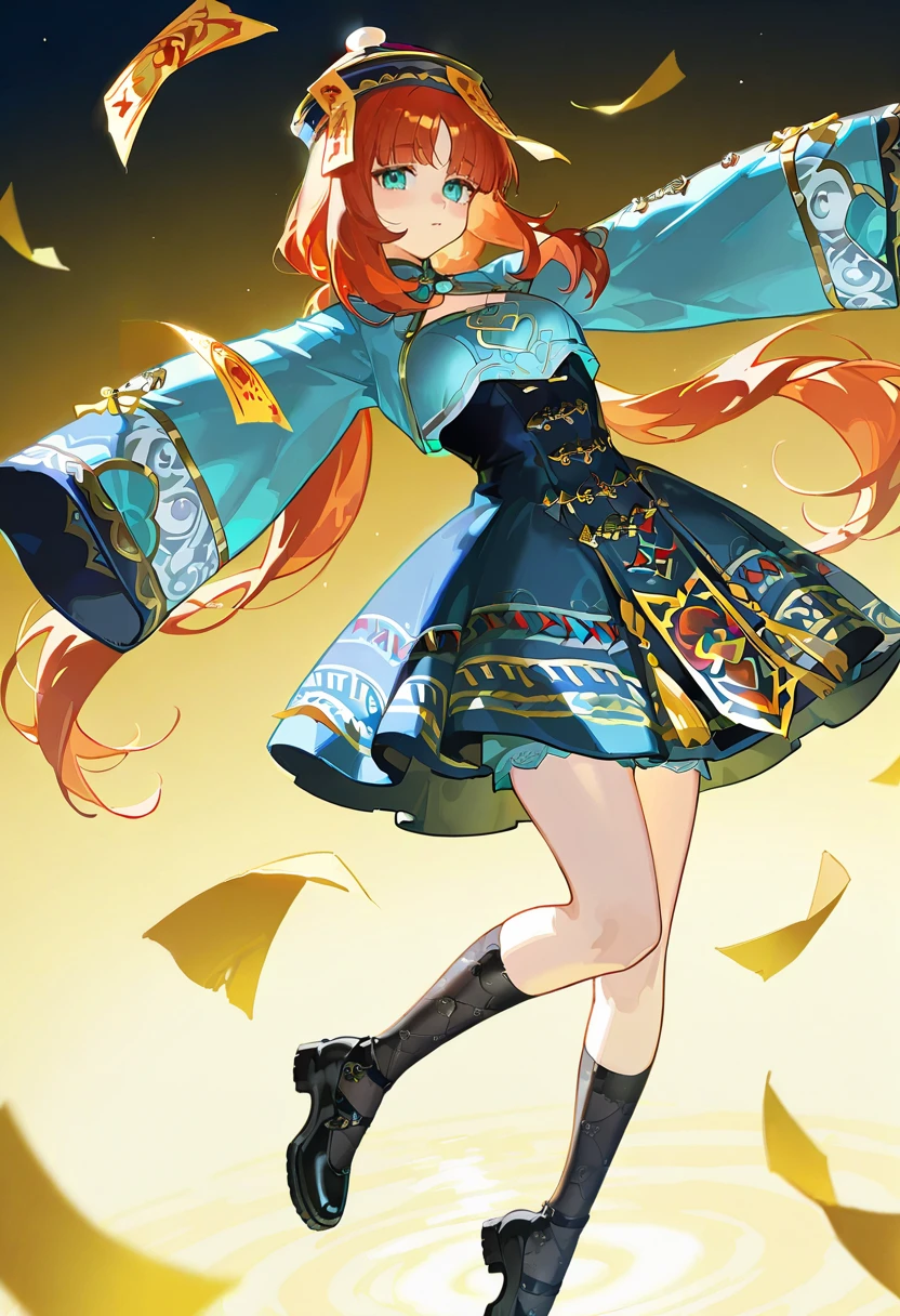 1girl,solo,looking at viewer, echo (circa),jiangshi, hat, ofuda, dress, black footwear, chinese clothes, qing guanmao, sleeves past wrists, socks, sleeves past fingers, wide sleeves, long sleeves, outstretched arms, nilou_(genshin_impact)