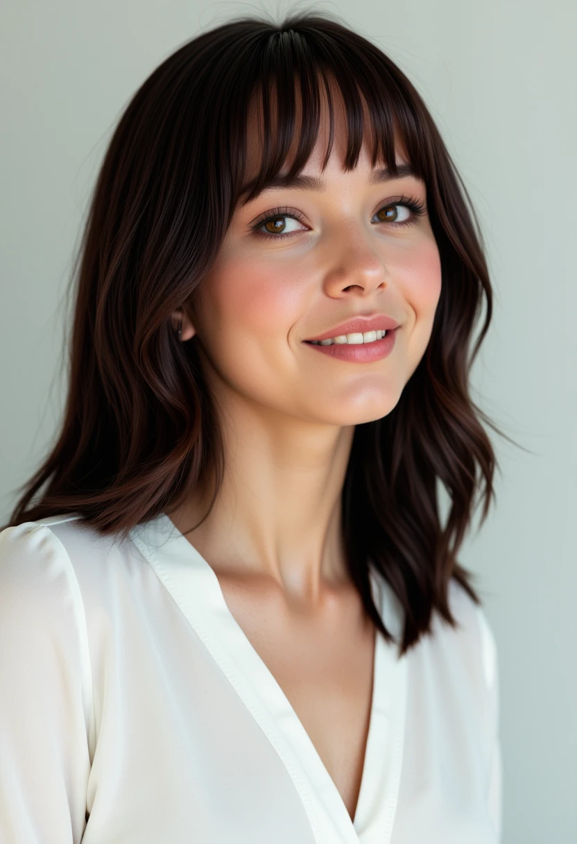 Hyperrealism, she is looking at the camera, (dynamic angles),profile  headshots of a beautiful, stunning unique female character. she has hair. her eyes are filled with joy and excitement, extravagant eyelashes,  A photo of Danny_SCGpV1, She is wearing a white frilly shirt. The woman is posing confidently. simple white background.  She has a slight smile on her face and is looking directly at the camera. The background is a simple white wall.. making this image a masterpiece of photography and digital art. Style: realistic hyper-detailed rendering, 32k UHD, expressive eyes, punk, graphic design, girl's face, pretty and cute, gleaming lips, white skin, telling a tale of adventure. Exuding confidence and serenity. The background is a simple white wall. The overall mood of the image is happy and relaxed.RAW candid cinema,16mm,color graded portra 400 film,remarkable color,ultra realistic,textured skin,remarkable detailed pupils,realistic dull skin noise,visible skin detail,skin fuzz,dry skin,shot with cinematic camera,detailed skin texture,(blush:0.2),(goosebumps:0.3),subsurface scattering,beautiful photograph in the style of Augustus John,Sergio Toppi,Virginia Frances Sterrett,8k HD,detailed skin texture,ultra realistic,textured skin,analog raw photo,cinematic grain,whimsical,detailed hand,perfect hand.perfect style.