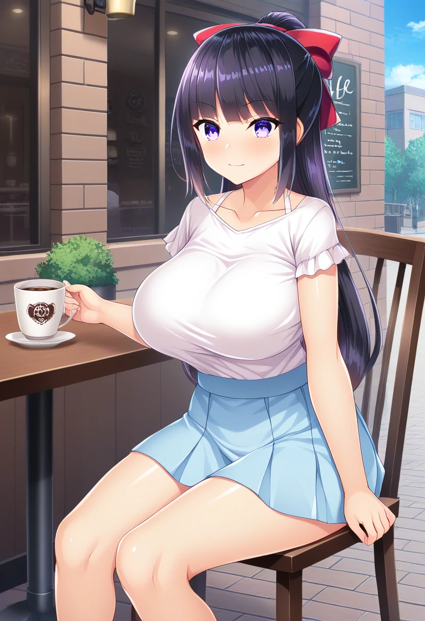 masterpiece, best quality, newest, absurdres, highres, BREAK 
1girl, solo,
nozomi, black hair, purple eyes, hair bow, red bow,
white shirt, light blue skirt, cafe, sitting, outdoors,