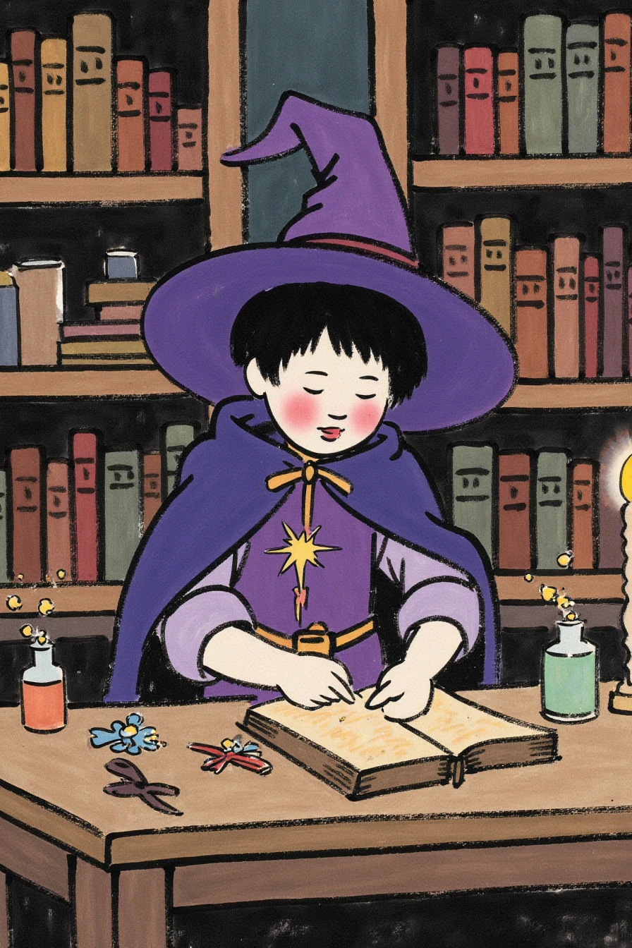 fengzikai, Chinese ink painting. A three-year-old asian boy dressed as a little wizard, wearing a purple hat and a blue cape, sitting by an old spellbook in a cozy, enchanted room. Magical sparkles float around him, illuminating his curious expression, as tiny potions bubble nearby on a rustic wooden table. Shelves filled with ancient books and mystical trinkets line the walls, and soft candlelight casts a warm glow, creating a whimsical, magical atmosphere. 