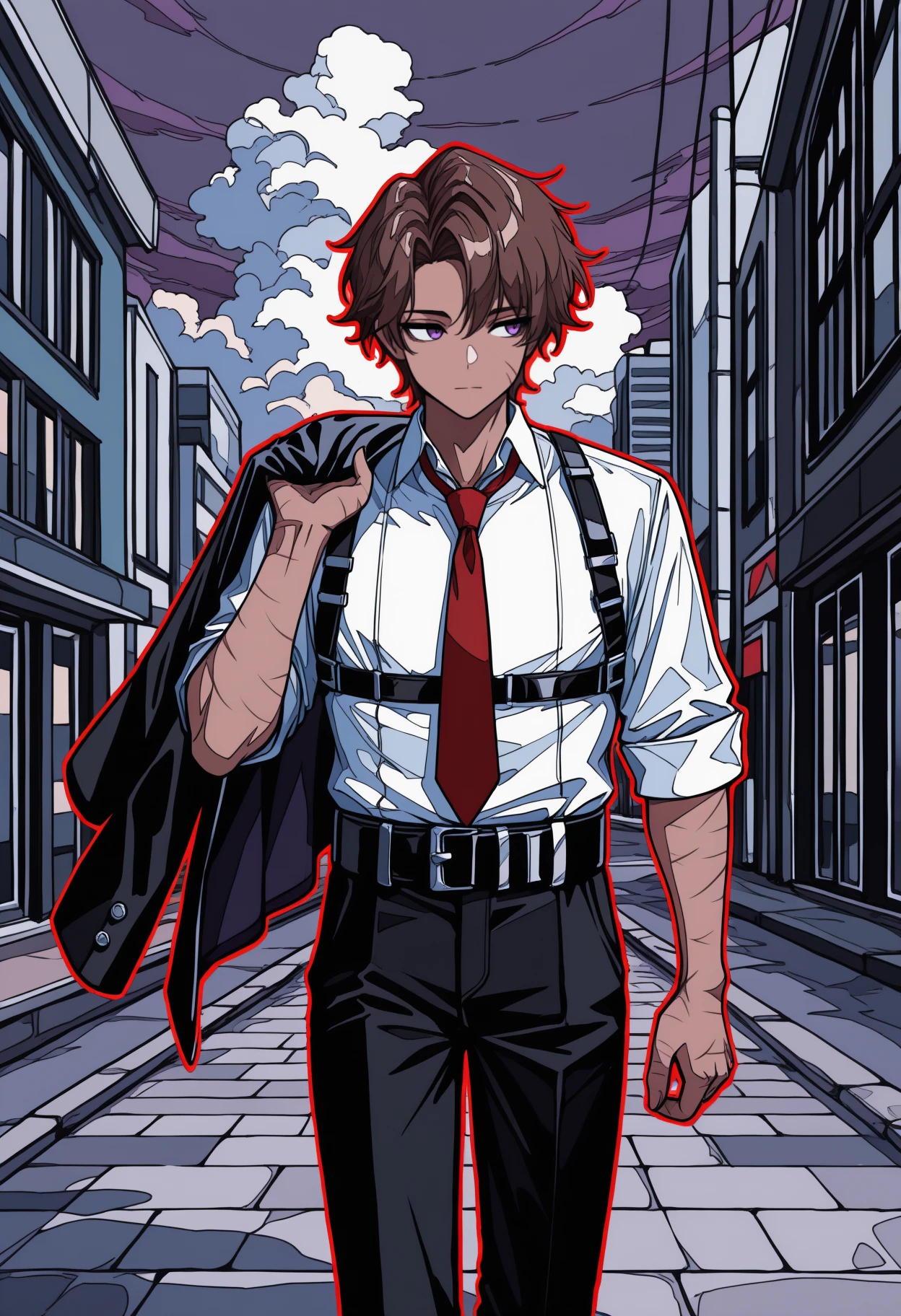 masterpiece, best quality, ligne claire, high contrast, red outline, male focus, solo, 1boy, htclf, dark-skinned male, scar on face, scar on cheek, scar on arm, scar on hand, expressionless, looking away, walking, holding jacket, black jacket, short hair, brown hair, purple eyes, white shirt, collared shirt, chest harness, red necktie, sleeves rolled up, black pants, black belt, outdoors, cloudy sky, sidewalk, building
<segment:yolo-Anzhc Face seg 640 v2 y8n.pt,0.4,0.5//cid=1>