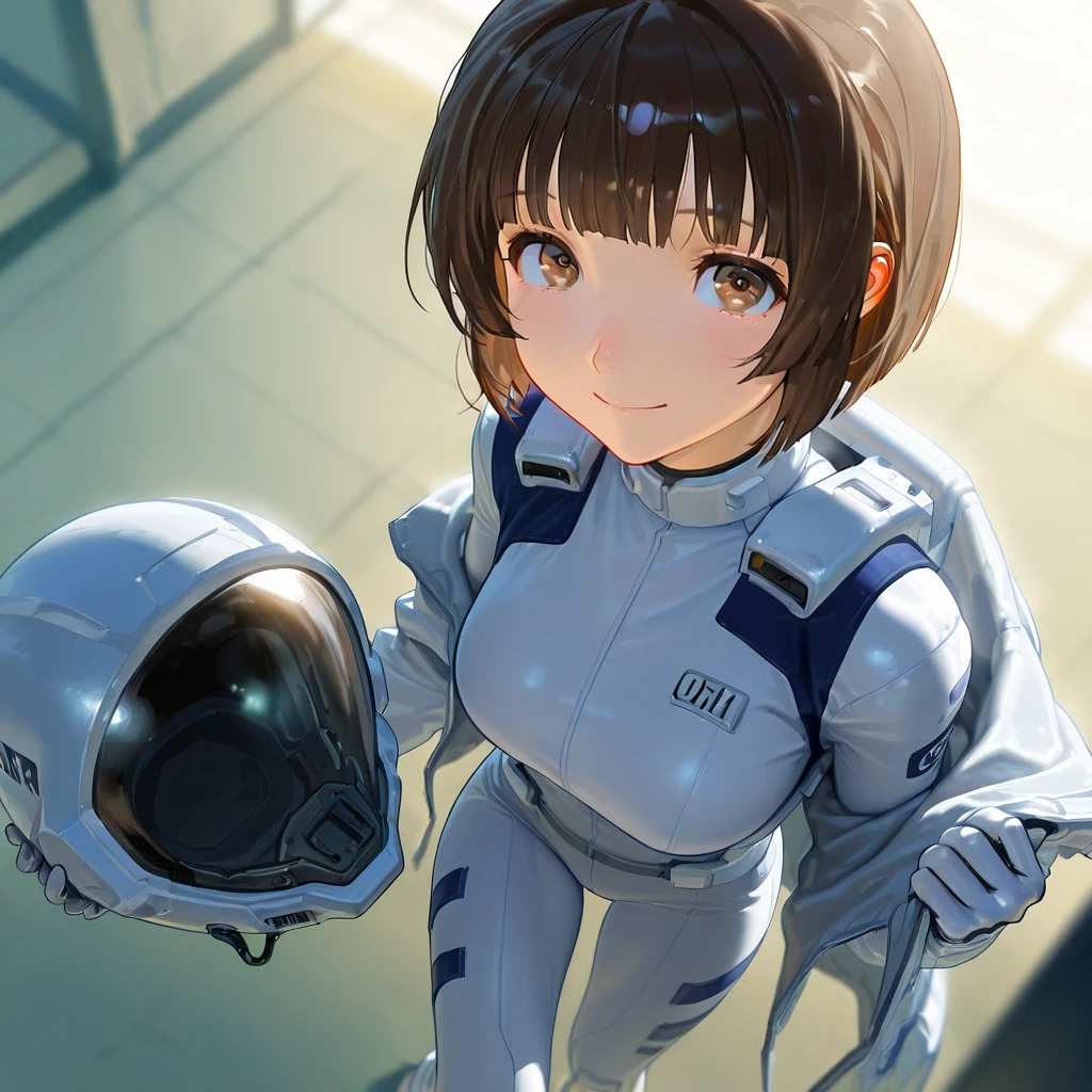masterpiece, 1440p, 8k, UHD, amazing quality, high resolution, hoshijiro-shizuka, 1girl, solo, short hair, brown eyes, helmet, spacesuit, headwear removed, bodysuit, looking at viewer, helmet removed, smile, from above, bob cut, pilot suit, holding
<lora:oshijiro_Shizuka_Sidonia_no_Kishi_Illustrious:1>