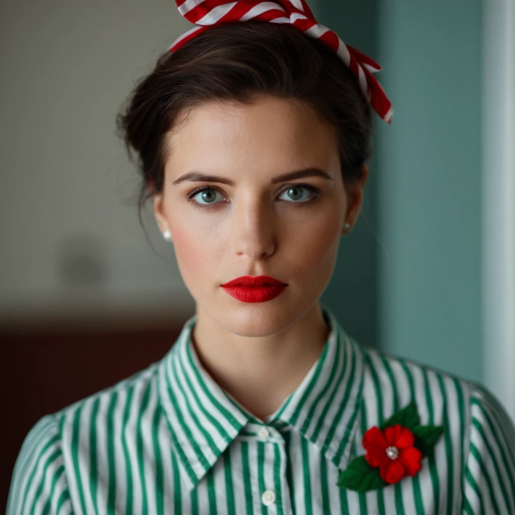 cinematic film still of  <lora:scarf style xl v1:1>
a woman with a flower in her hair, bandana style, solo, looking at viewer, short hair, blue eyes, shirt, brown hair, black hair, hair ornament, closed mouth, upper body, collared shirt, striped clothes, mole, blurry, lips, blurry background, portrait, wing collar, striped shirt, green shirt, red lips, mole on neck, photorealistic
, shallow depth of field, vignette, highly detailed, high budget, bokeh, cinemascope, moody, epic, gorgeous, film grain, grainy