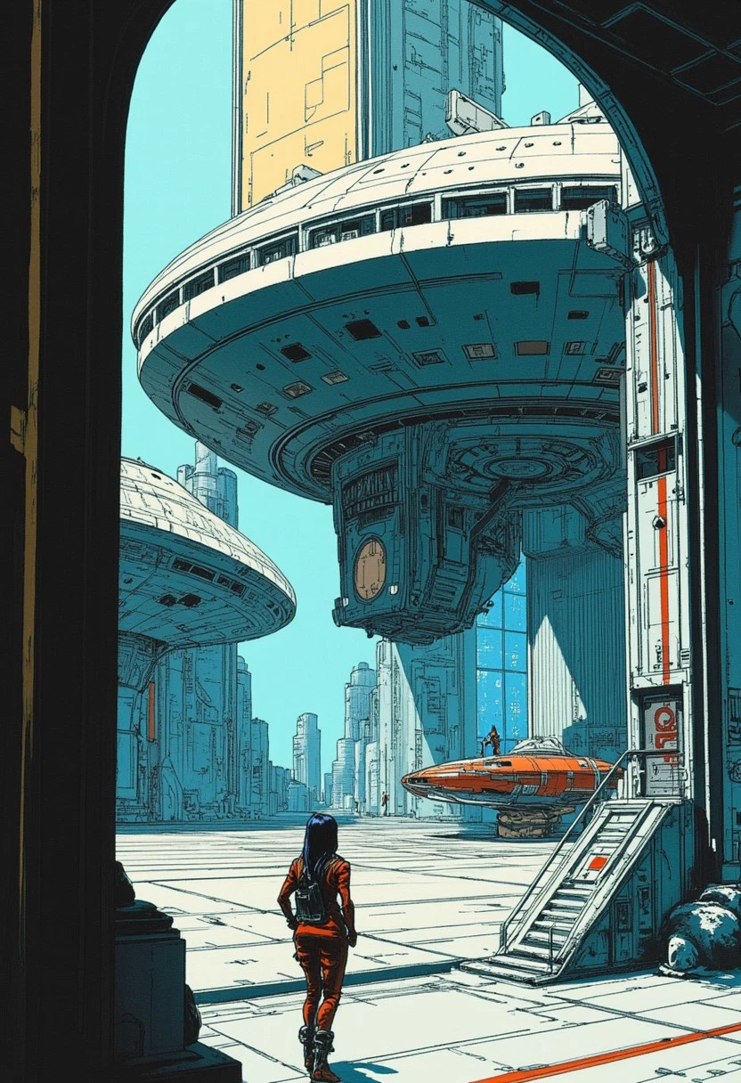 Illustration of a female starship engineer leaning against a wall, landed starship with massive mechanical landing gear standing behind her, starport docking bay