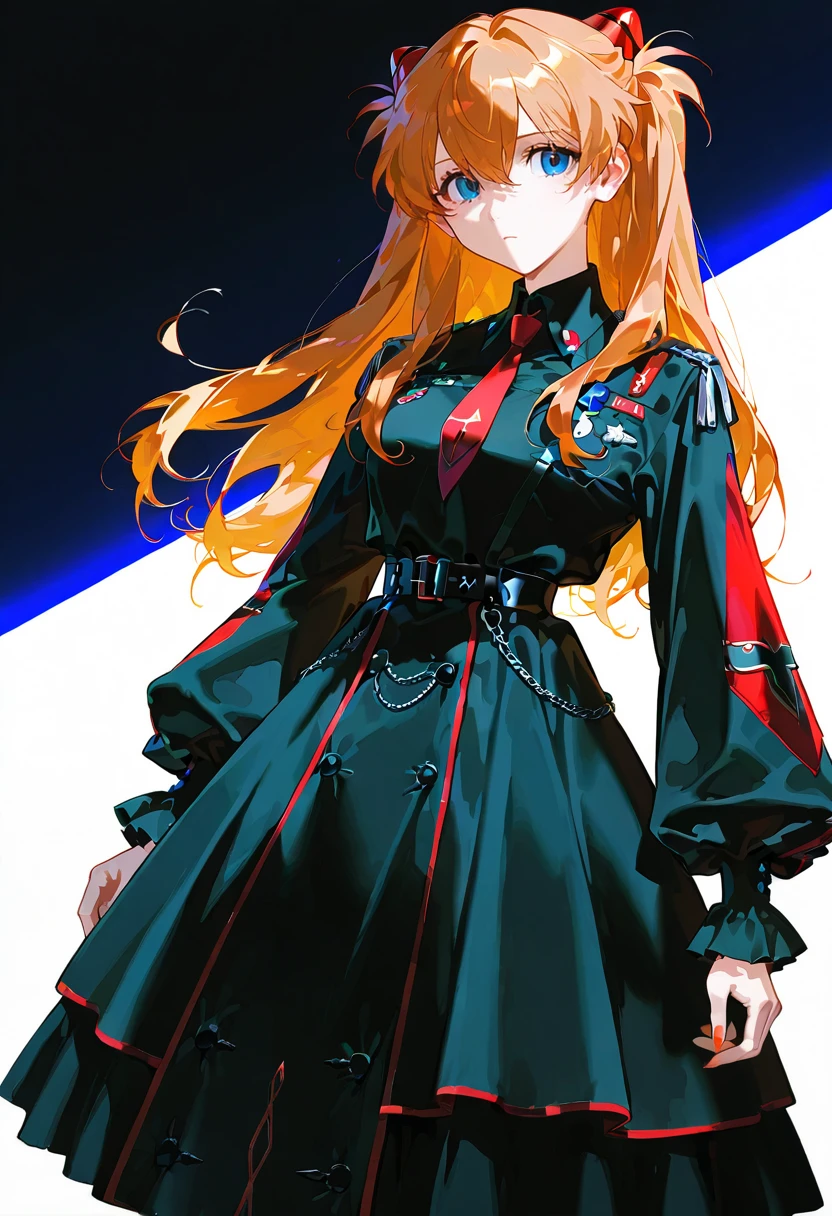 1girl,solo,looking at viewer, echo (circa), m dress, long sleeves, black dress, puffy long sleeves, belt, souryuu_asuka_langley