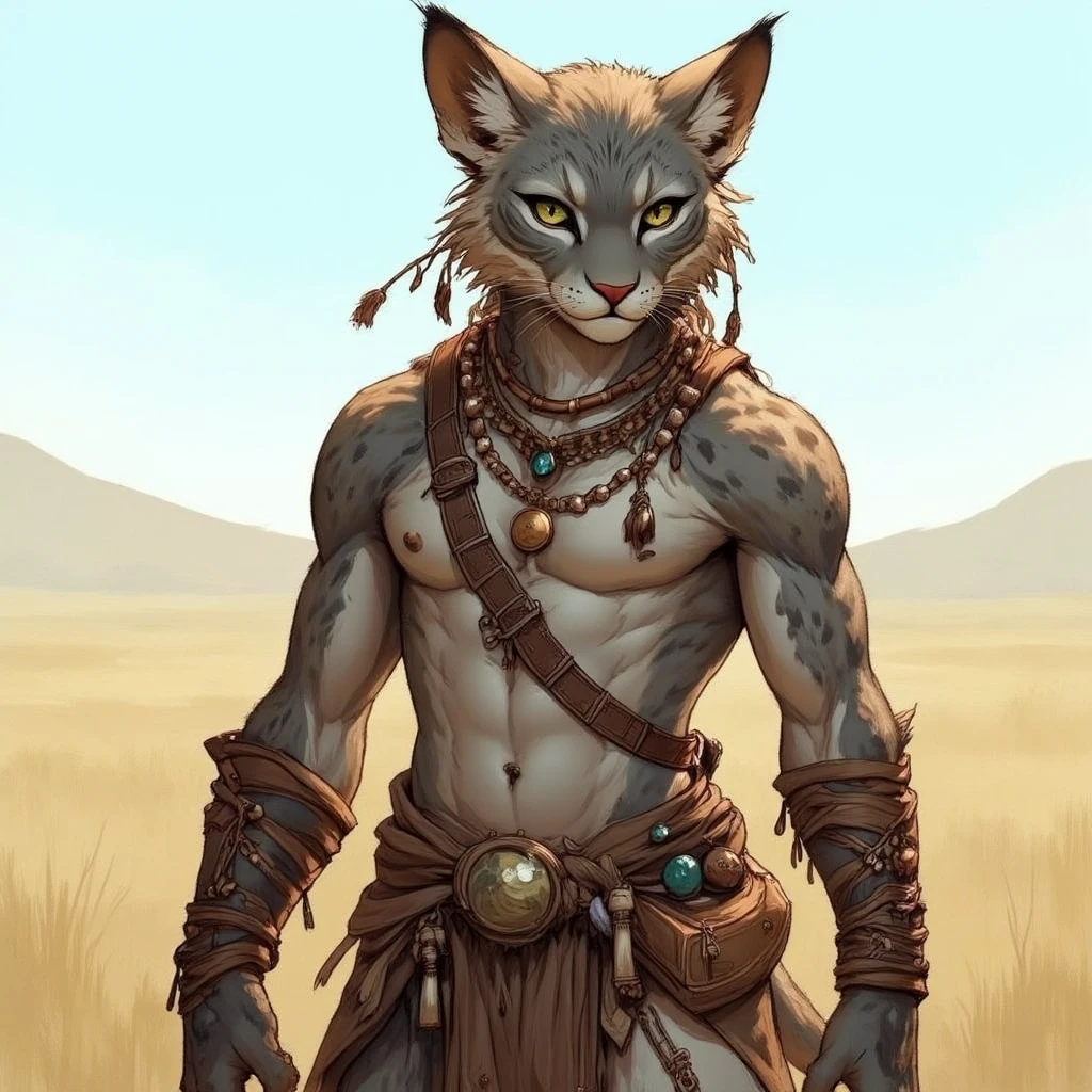 A Tabaxi character, with fur that resembles a mosaic of steppe colors - sun-scorched grass, silver and ash-like strands, and dark grayish-brown stripes. His chest fur is thick and misty. His head is narrow with a pointed muzzle, high cheekbones, and long, thin ears with tufts. His eyes are deep-set, almond-shaped, and their color shifts from sapphire blue to dark green with gold flecks. He has a scar above his right eye. His nose is straight and thin. His tail is long and flexible, with a dark tip. His legs are long and muscular, with visible claws. He wears thin leather bracers adorned with bone beads and polished stones. His clothing consists of a simple loincloth and a light cloak. He carries leather pouches with supplies and tools. The background is an open, grassy steppe landscape with a clear sky.