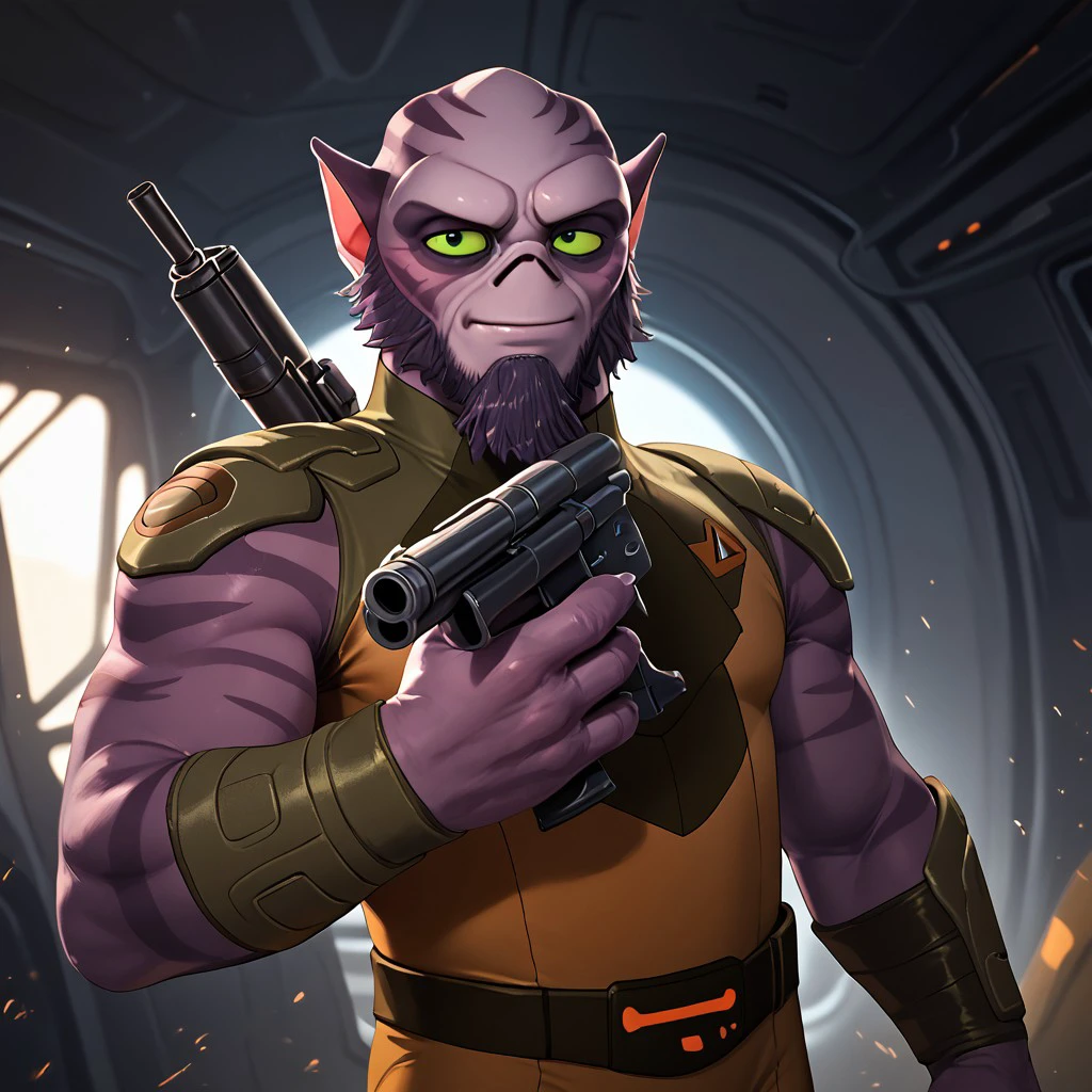 score_9, score_8_up, score_7_up, score_6_up, solo, 1boy, Zeb, rebel outfit, bara, green eyes, gun on back,