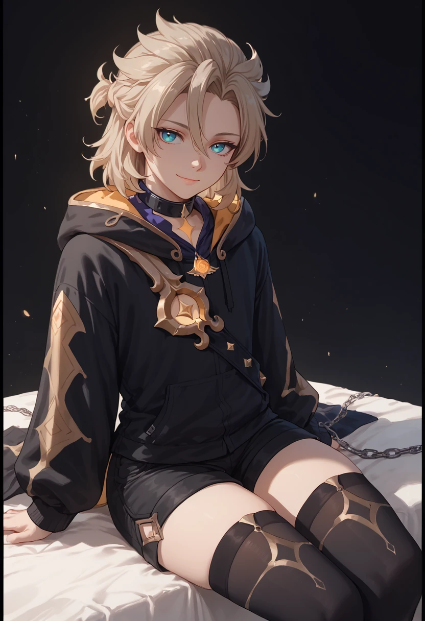 score_9, score_8_up, score_7_up, score_6_up, score_5_up, score_4_up, masterpiece, ultra-detailed, high resolution,

albedo, 1boy, male focus, chain, solo, black border, thighhighs, hood, looking at viewer, hood down, sitting, shorts, bangs, black thighhighs, collar, black shorts, hoodie, smile, long sleeves, closed mouth, alternate costume