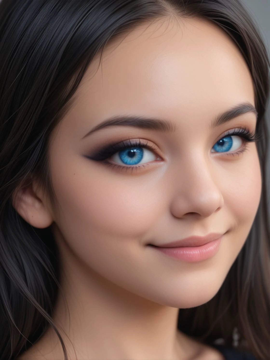 woman, close, portrait, eyeliner, (smile:0.75), closed mouth,  <lora:Zcus1:0.3> black hair, blue eyes,, realistic, 4K, ultra detailed photography, sharp image,
