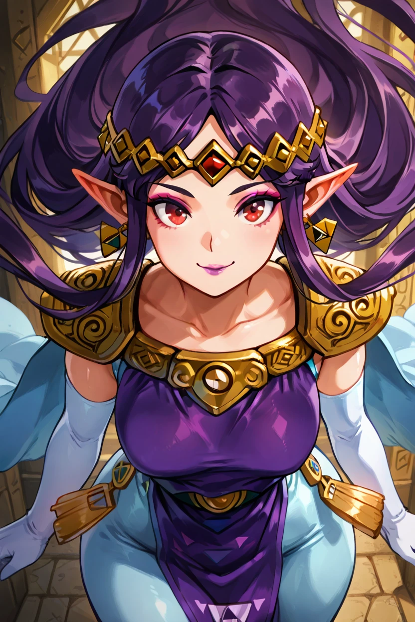 masterpiece, best quality, solo, curvy, beautiful eyes,,<lora:HildaZeldaIXL:1.0>, zzHilda, red eyes, purple hair, long hair, pointy ears,  tiara, white gloves, dress, elbow gloves, jewelry, makeup, earrings, purple tabard, triforce, shoulder armor, tiara,from above, dynamic pose, cowboy shot, smile, looking at viewer, shiny skin,