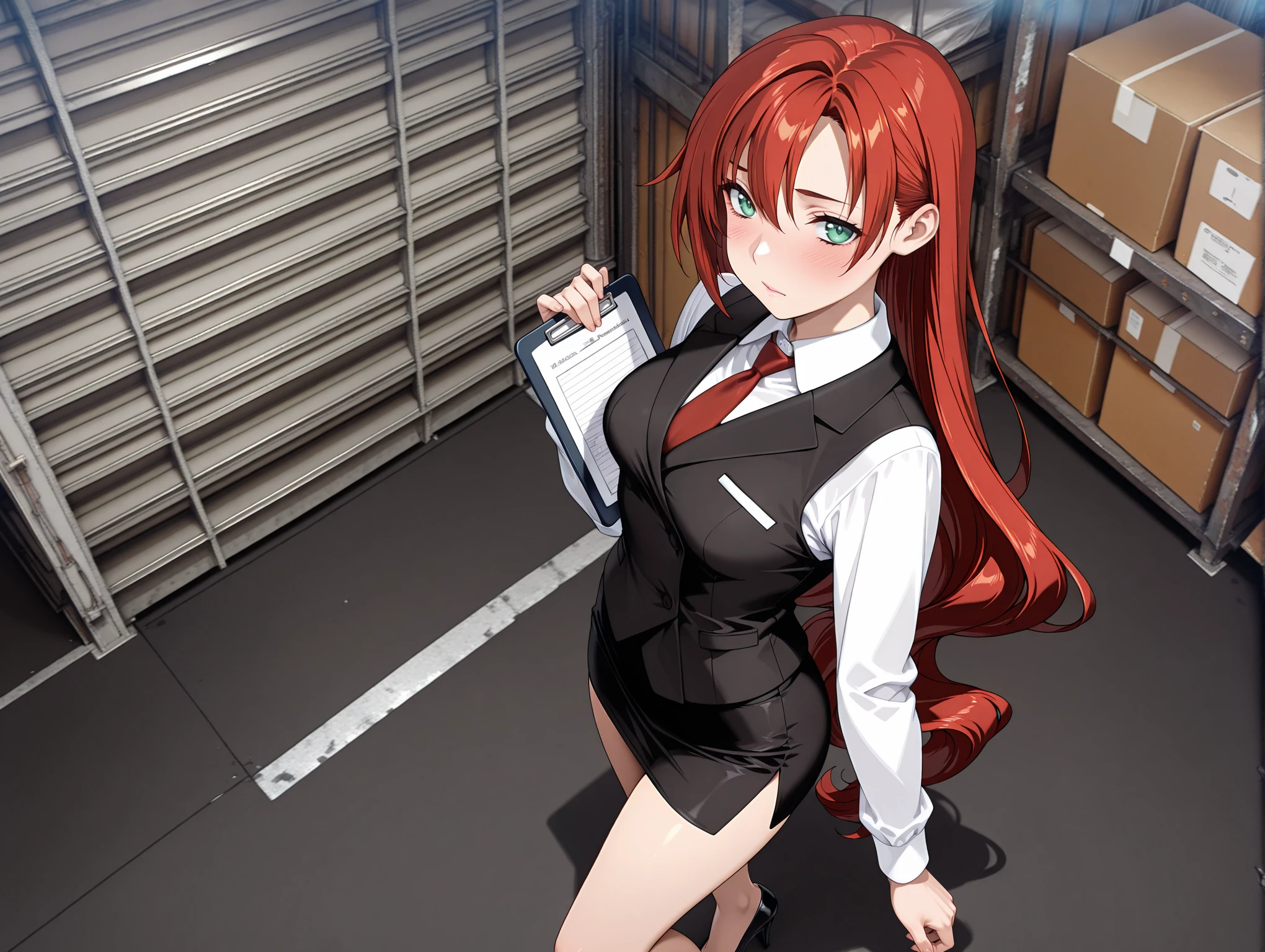 masterpiece,best quality,amazing quality,
solo,1girl,
<lora:elenoa_ilxl_v2.4:0.8>,elenoa,red hair,very long hair,green eyes,red necktie,long sleeves,white shirt,collared shirt,black vest,pencil skirt,side slit,high_heels,holding clipboard,
<lora:warehouse01_ilxl_v1.2:1>,warehouse02,<lora:Fixhands_anime_bdsqlsz_V1:1>,looking_at_viewer,looking_back,panorama,back,blush,realistic,from_above,