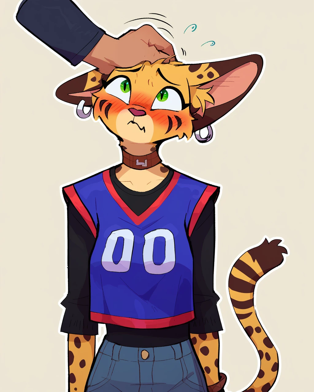 score_9_up, score_8_up, score_7_up, score_6_up, by remanedur, half-length portrait, medium breasts, brown choker, serval, green eyes, female, blush, flustered, tail, jersey, ear piercing, looking up, brown bracelet, bracelet, collar, denim bottomwear, denim jeans, ripped jeans, brown ears, brown spots, facial markings, topwear, tail, solo, confusion, nervous, petting, petting head, head pat, white humanoid hands, white disembodied hand, three-quarter view, head tilt, simple background, white outline, <lora:Leah_Pines(AIM)_XL_v1:0.15> <lora:PDXL_artist_tags_v2_big:0.5> <lora:The-Minuscule-Task_PDXL_v1.0:0.6> <lora:Pepper_Paminta_Ruffu:0.65>