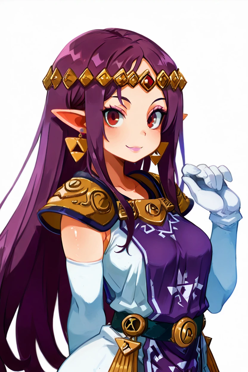 masterpiece, best quality, solo, curvy, beautiful eyes,,<lora:HildaZeldaIXL:1.0>, zzHilda, red eyes, purple hair, long hair, pointy ears,  tiara, white gloves, dress, elbow gloves, jewelry, makeup, earrings, purple tabard, triforce, shoulder armor, tiara,upper body, side view, smile, looking at viewer, shiny skin,<lora:HaradaTakehitoIXL_v3:1.3>, <lora:ZankuroIXLLight_v2:0.6>,