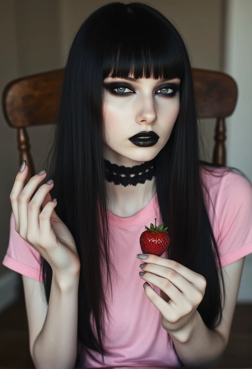 FictionalCrystal, a goth girl with heavy black eye makeup and black lipstick. Wearing a pink tshirt and holding a strawberry