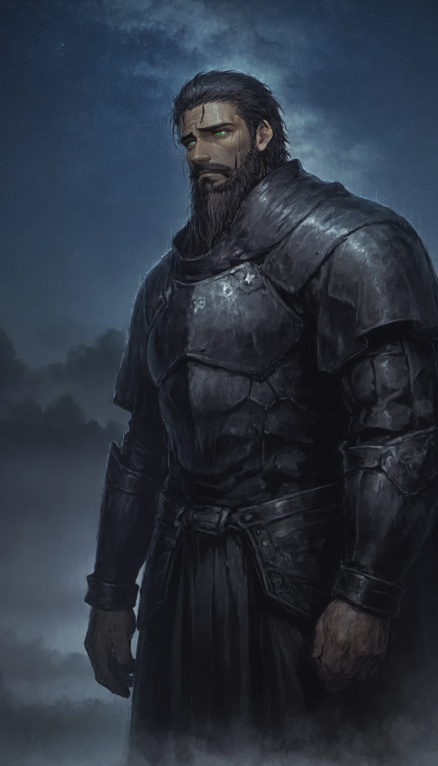 1man, old, wrinkles, beard, short hair, black hair, green eyes, black armor, no helmet, night, starry sky, fog, rain,