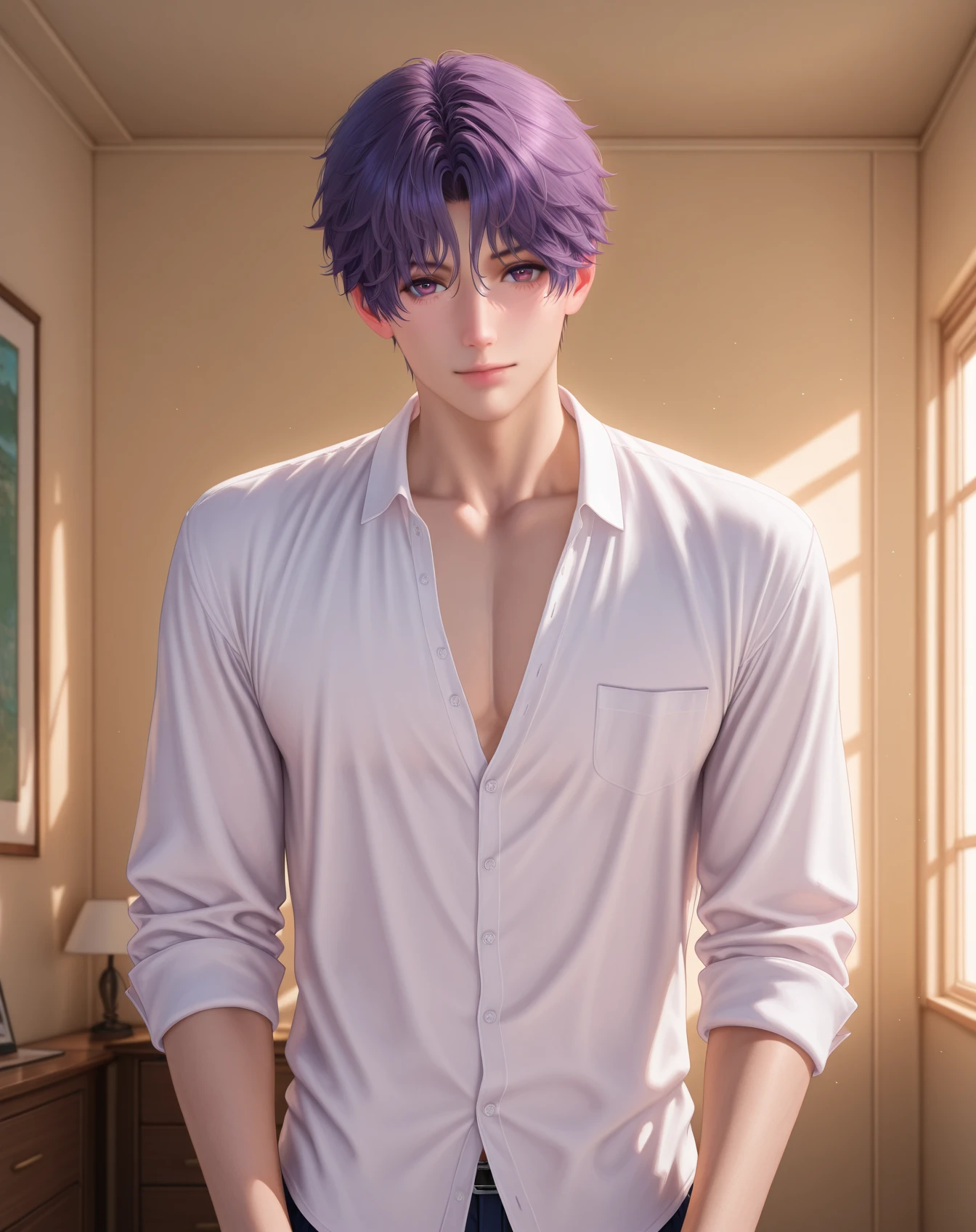 masterpiece, best quality, absurdres, very aesthetic, 
1boy, solo, yaoi, male focus, realistic, 
looking at viewer, cowboy shot, facing viewer,
 <lora:Rafayel_LnDS:1> lndsrafayel, purple hair, purple eyes, short hair, hair between eyes, 
indoors,