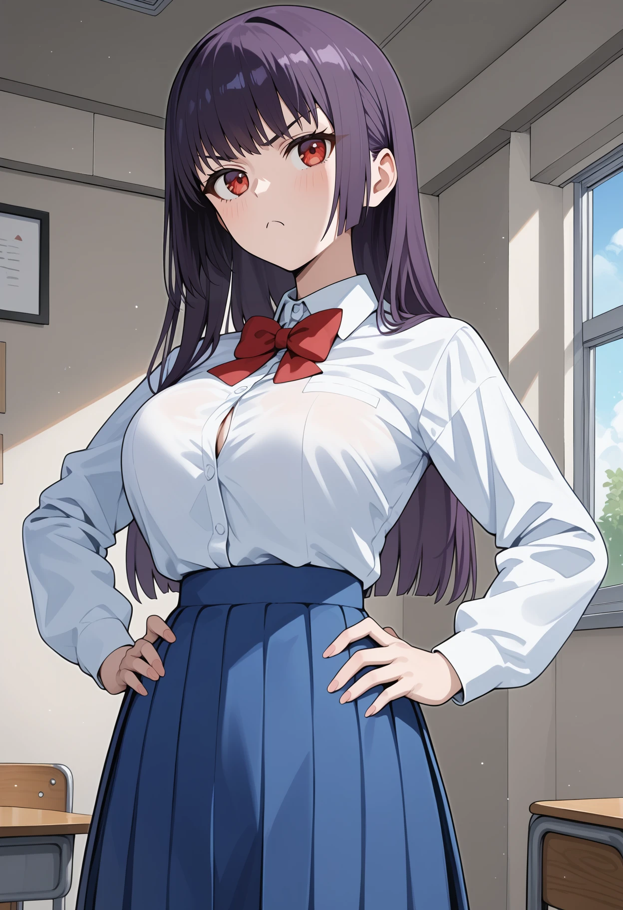 score_9, score_8_up, score_7_up, score_6_up, score_5_up, score_4_up, source_anime, aasana, long hair, black hair, purple hair, red eyes, large breasts, school uniform, red bowtie, collared shirt, white shirt, long sleeves, shirt tucked in, long skirt, pleated skirt, blue skirt, <lora:sunomiya_sana_ponyxl_v1:0.9>, standing, cowboy shot, hands on own hips, pout, frown, indoors,