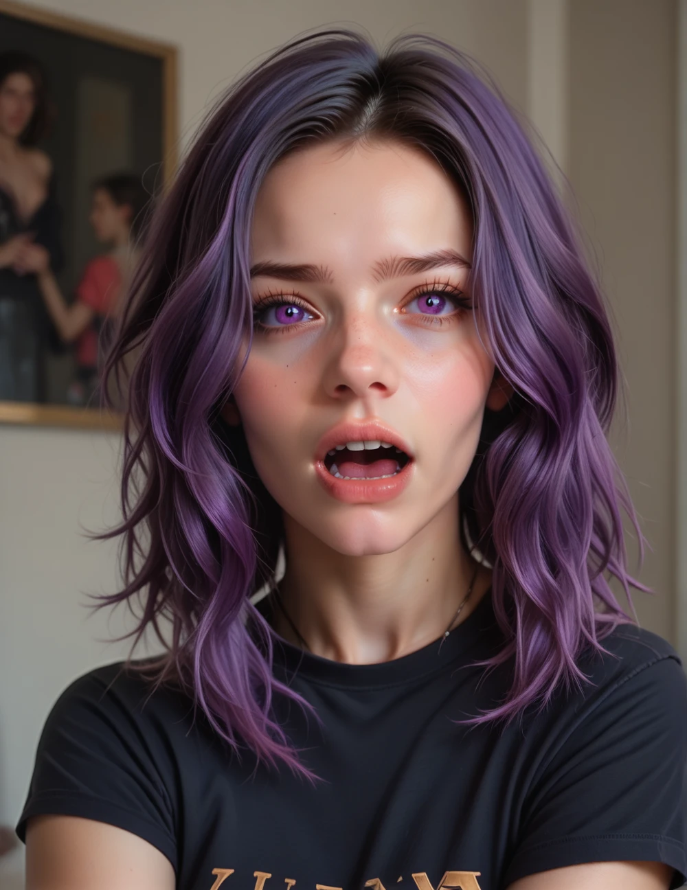 score_9, score_8_up, score_8, score_7_up, score_7,
Portrait of a beautiful girl, 25 years old, with dark purple hair, purple dark eyes, room, short black shirt, scream,
<lora:topmodel:1>
<lora:julia_pony_final:1> juliaponyvf