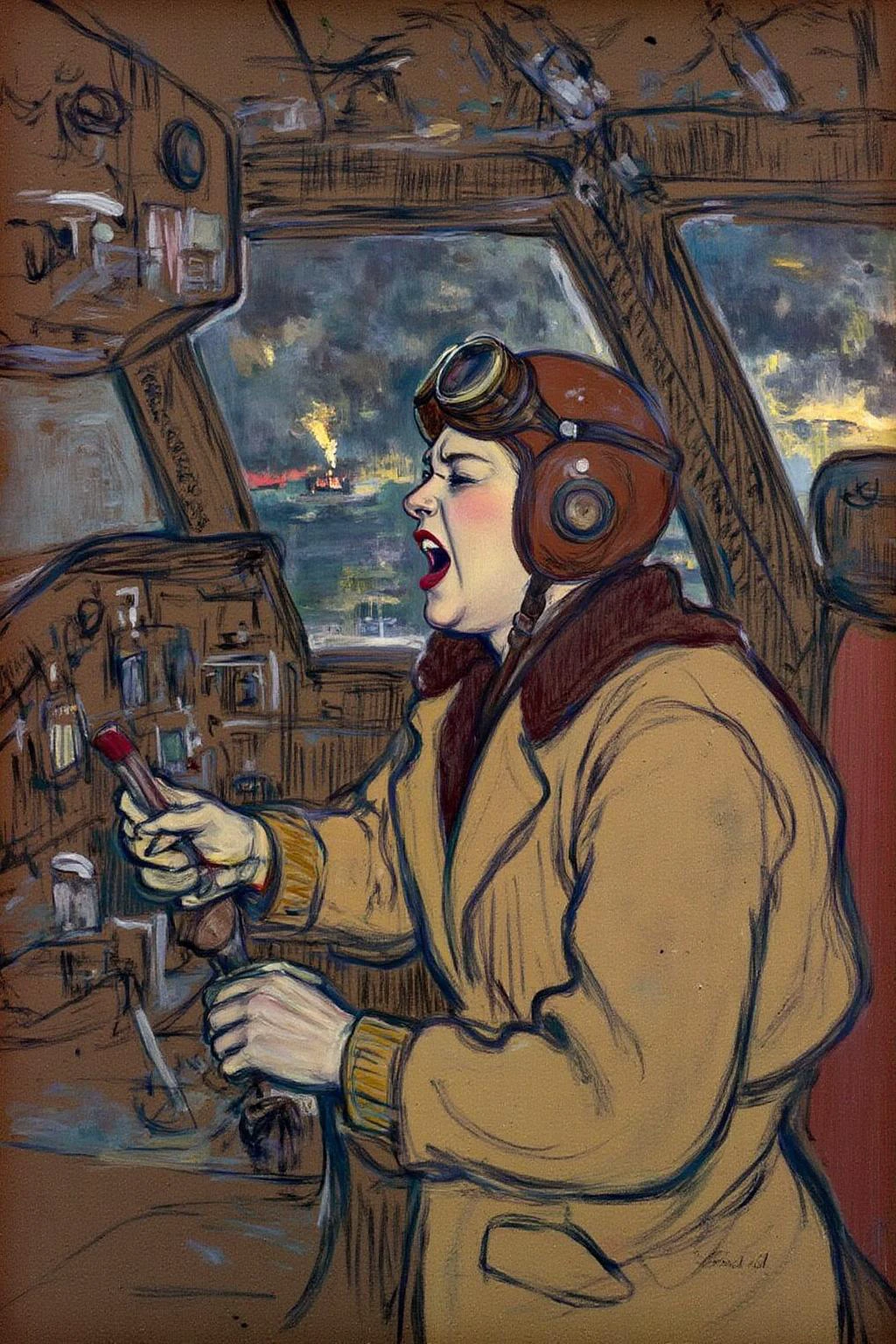 lautrec1 painting
A female pilot screaming inside the cockpit of a World War II bomber. The pilot, wearing a vintage leather flight helmet with goggles and a bomber jacket, grips the controls with white-knuckled hands. Her face is contorted in a mix of fear and determination as she yells, her eyes wide with adrenaline. The cockpit is cramped and filled with old-fashioned dials and gauges, with the outside view showing dark stormy clouds and distant anti-aircraft fire.  <lora:lautrec3_cap_d6a3e11:1.0><lora:812914378862088459:0>