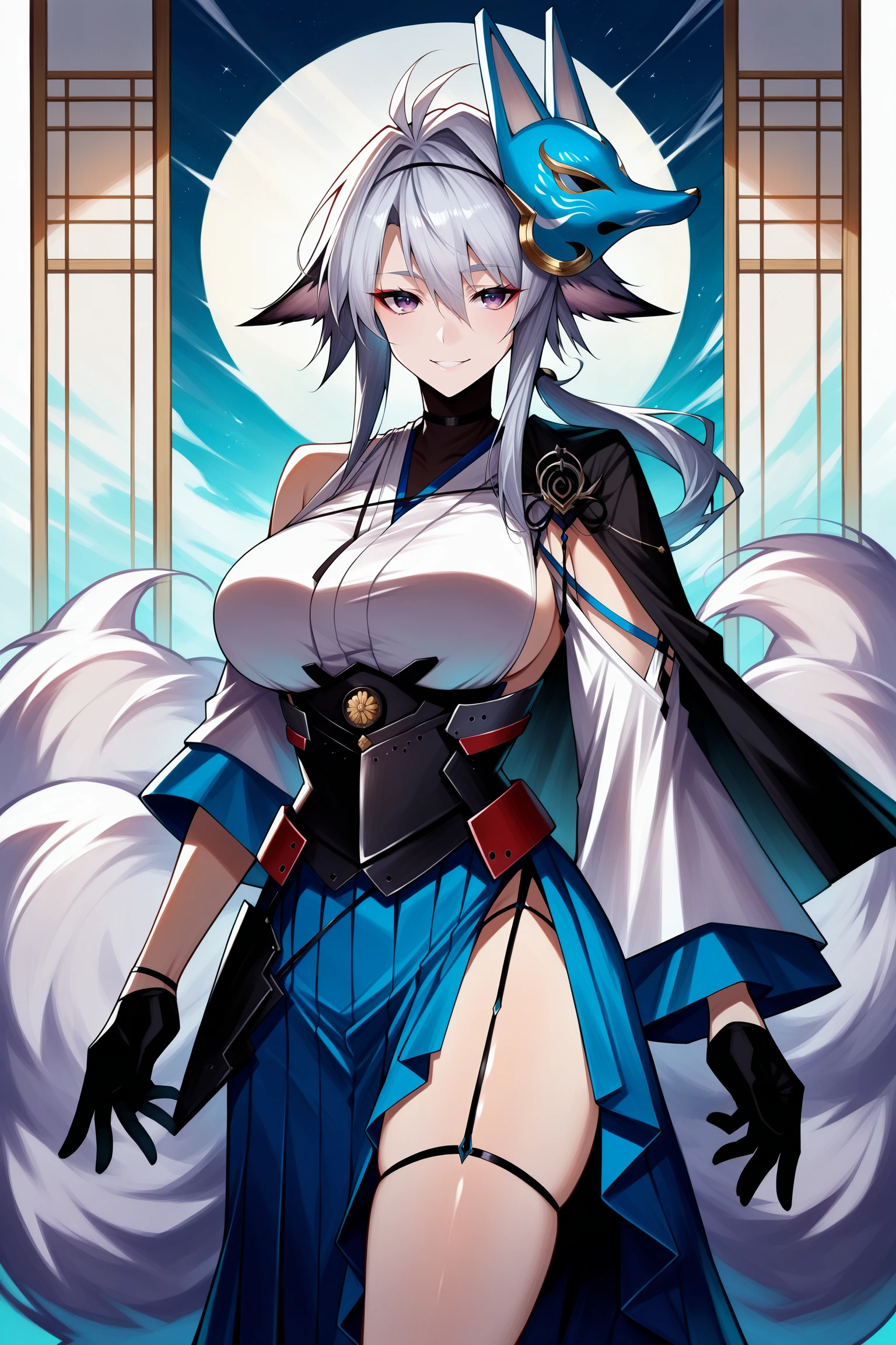 tmasterpiece,best qualtiy,ultra - detailed,illustratio,Colorful,Falt color,1girl,anime big breast,shadowy,Two-dimensional advanced gray,Full body photo,shadowy,Tall woman,with short white hair,Cyan pick dye,An off-white skinned,(Perfect ketone body),fox ear,fox tails,(eye shadows),(Yellow rune paper),(Black premium kimono+Printing+Furs+feater),(latex body suit+Prismatic pattern),((Red gloves:1.2)),((Prayer beads)),(Yupei+red string),(short red dress+Moire pattern),(Moire),(Spider pattern),ear jewelry,nipple tassels,(Hairpins),clogs,(Cyan Ghost Fire),(Coins),(A fox mask),((Carillons)),(skelleton),