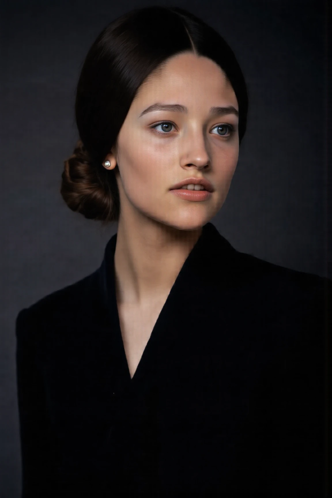 Create a close-up, high-fashion portrait of a woman with striking eyes and a calm, confident expression. She wears a sophisticated black outfit that exudes elegance and minimalism. The background is a smooth gradient of dark gray, enhancing the overall refined and contemporary aesthetic. The lighting is soft yet directional, highlighting her flawless complexion and subtle makeup, with a focus on her eyes and cheekbones. The mood of the portrait is polished, modern, and artistic.,ashgflx