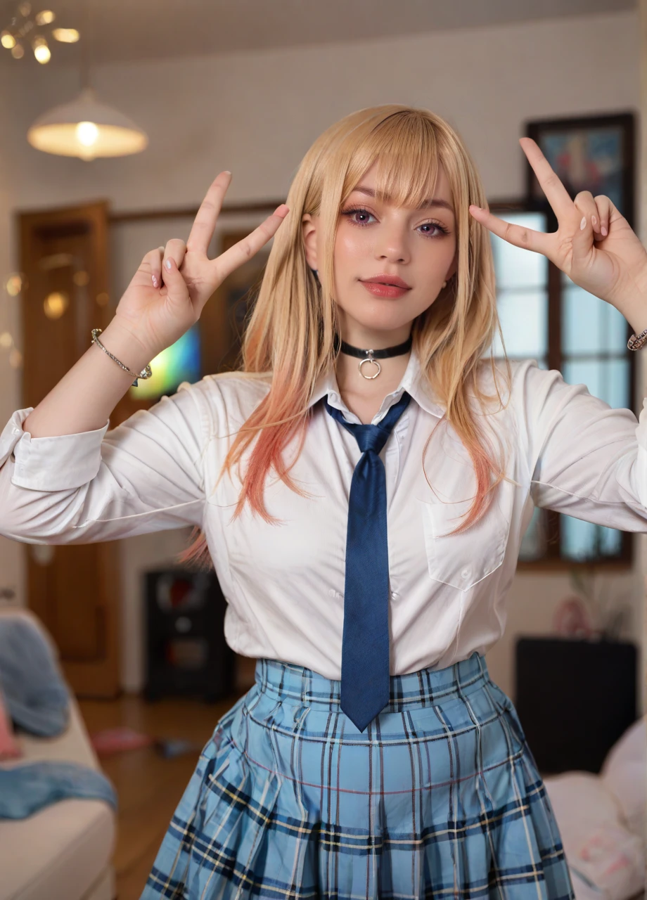 <lora:Cosplay_Shadory-PONY:0.8> shadorycos, 1girl, solo, kitagawa marin, gyaru, bangs, blonde hair, choker, blue necktie, white collared shirt, blue skirt, plaid skirt, bangles, double v, photo, indoors, blurred background, score_8_up, score_7_up, score_6_up, score_5_up, score_4_up,